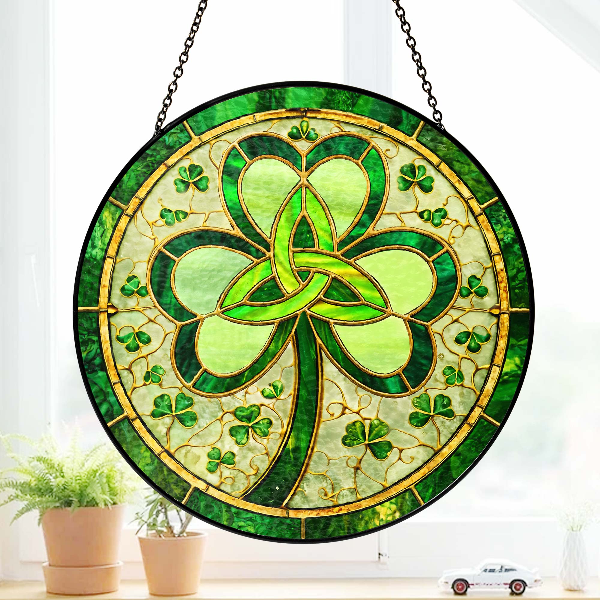 Irish Celtic Knot Shamrock Stained Glass Suncatcher for St. Patrick's