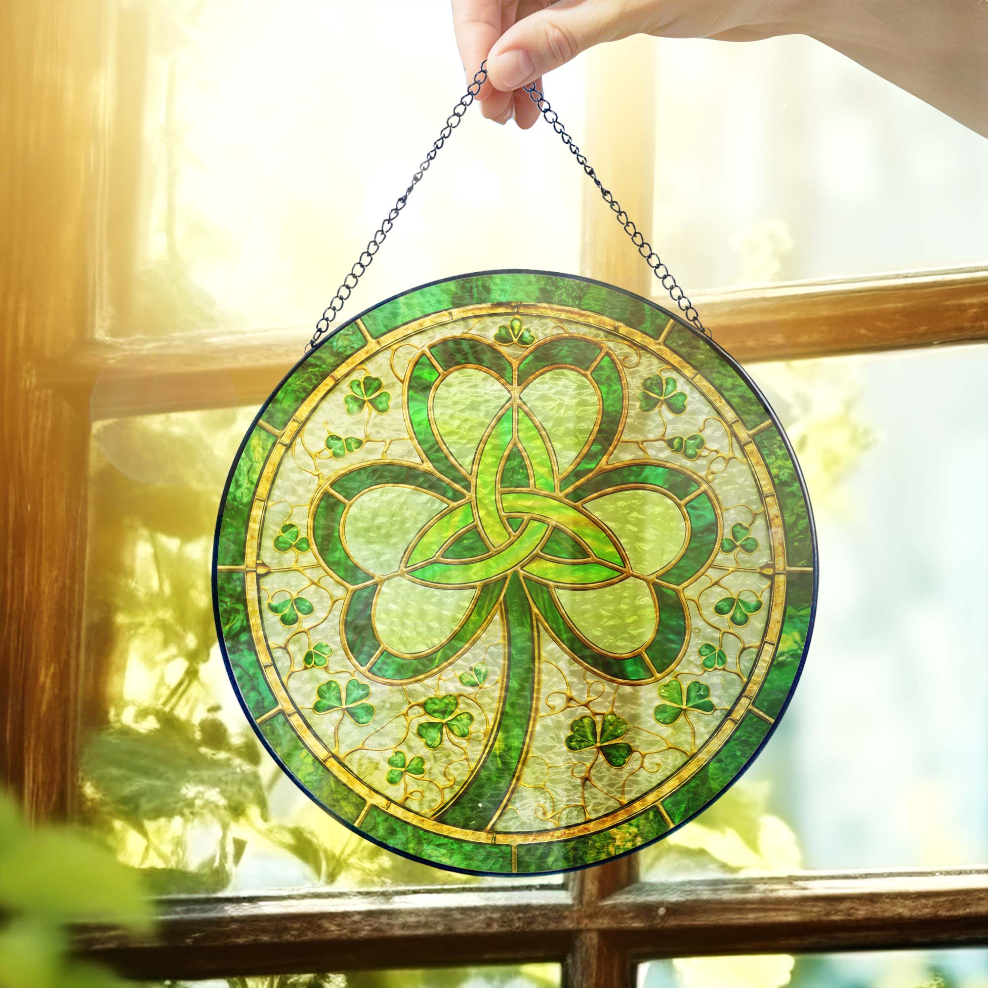 Irish Celtic Knot Shamrock Stained Glass Suncatcher for St. Patrick's