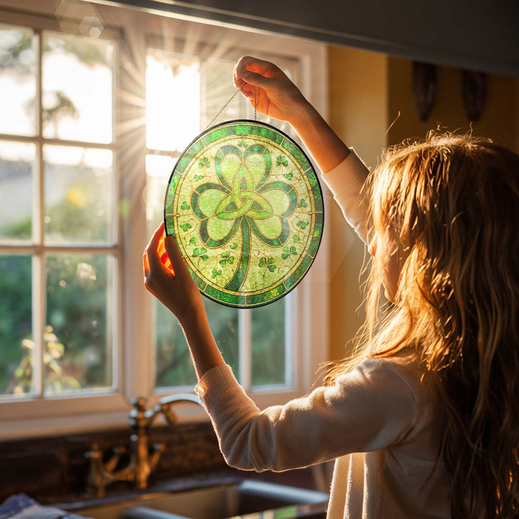 Irish Celtic Knot Shamrock Stained Glass Suncatcher for St. Patrick's