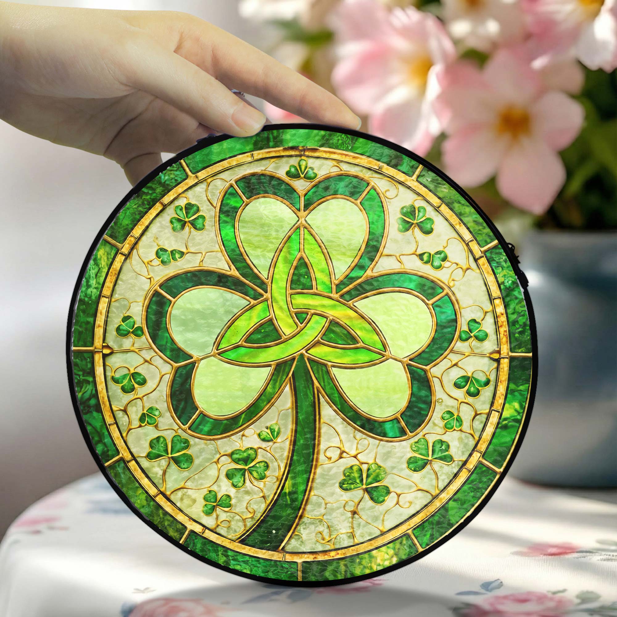 Irish Celtic Knot Shamrock Stained Glass Suncatcher for St. Patrick's