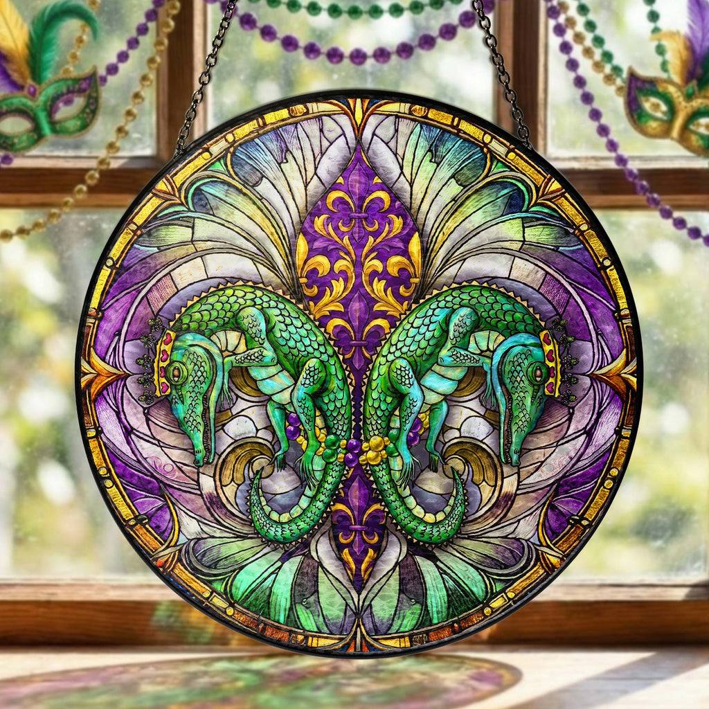 Mardi Gras Suncatcher. Louisiana Fleur De Lis Alligator Window Decor