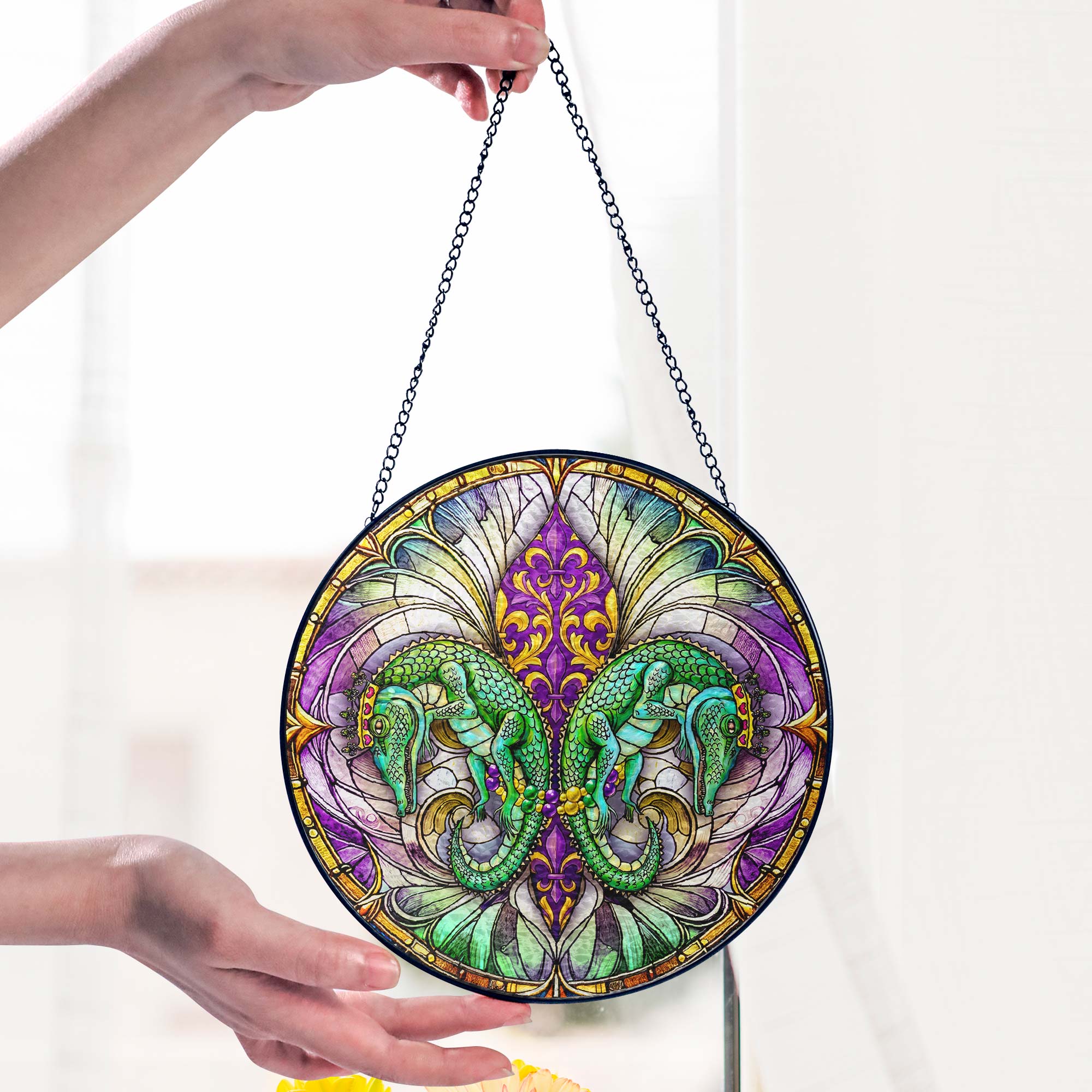 Mardi Gras Suncatcher. Louisiana Fleur De Lis Alligator Window Decor