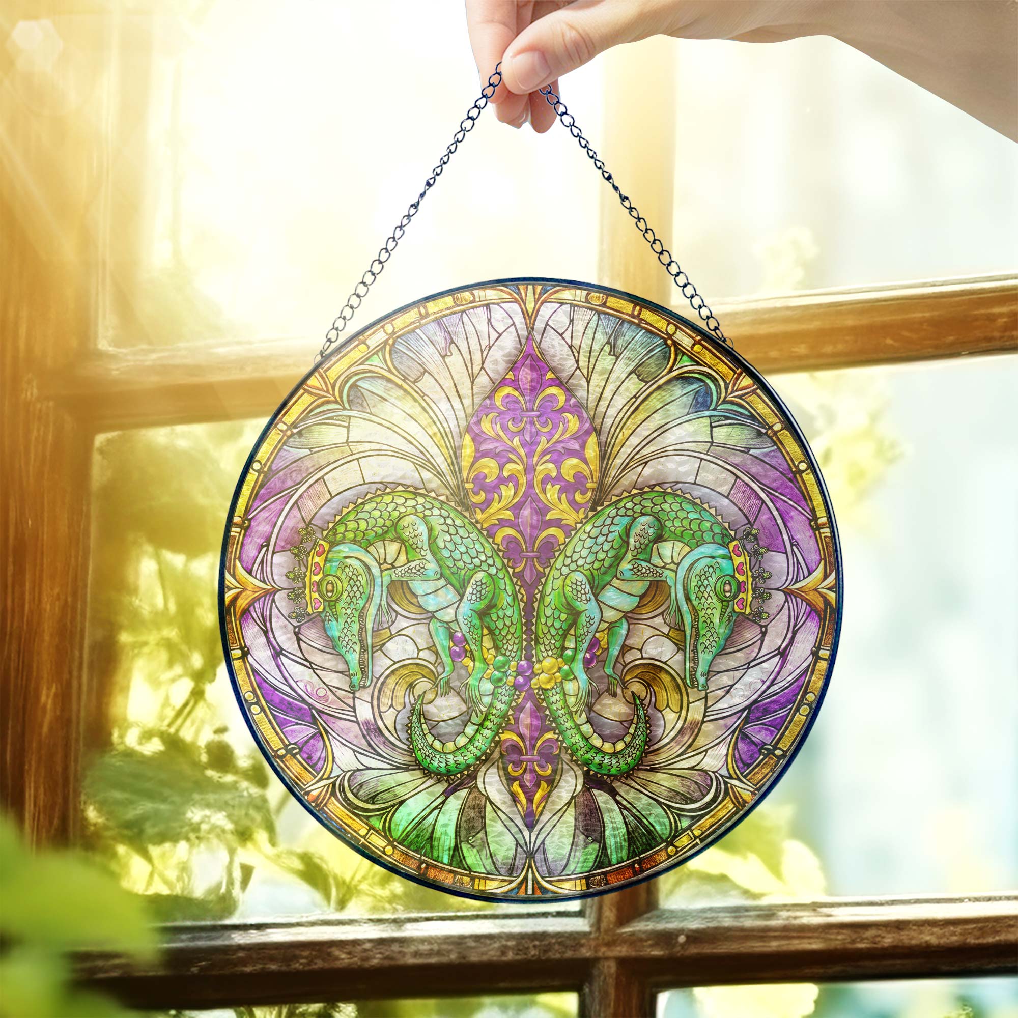 Mardi Gras Suncatcher. Louisiana Fleur De Lis Alligator Window Decor