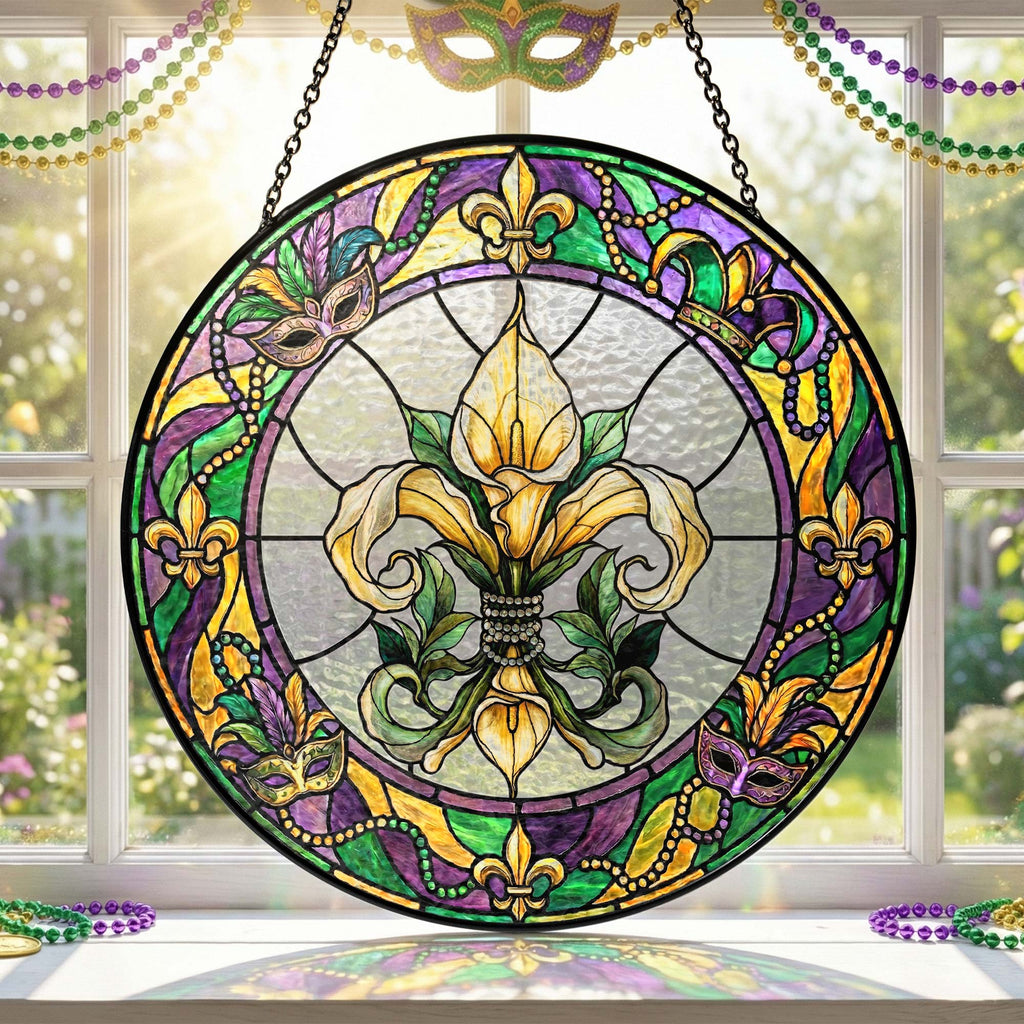 Mardi Gras Suncatcher. Stained glass Fleur de Lis Carnival Gift Decor