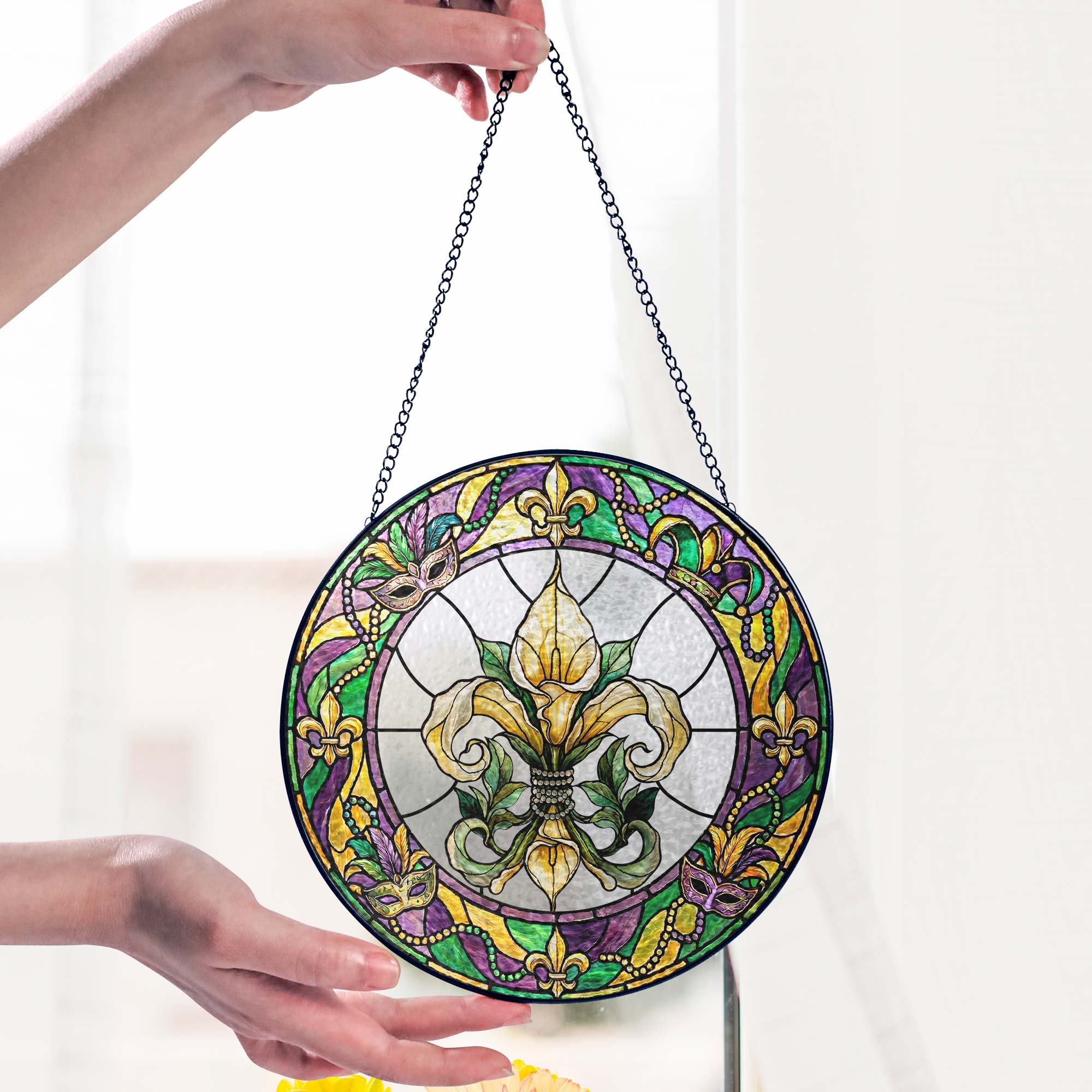 Mardi Gras Suncatcher. Stained glass Fleur de Lis Carnival Gift Decor