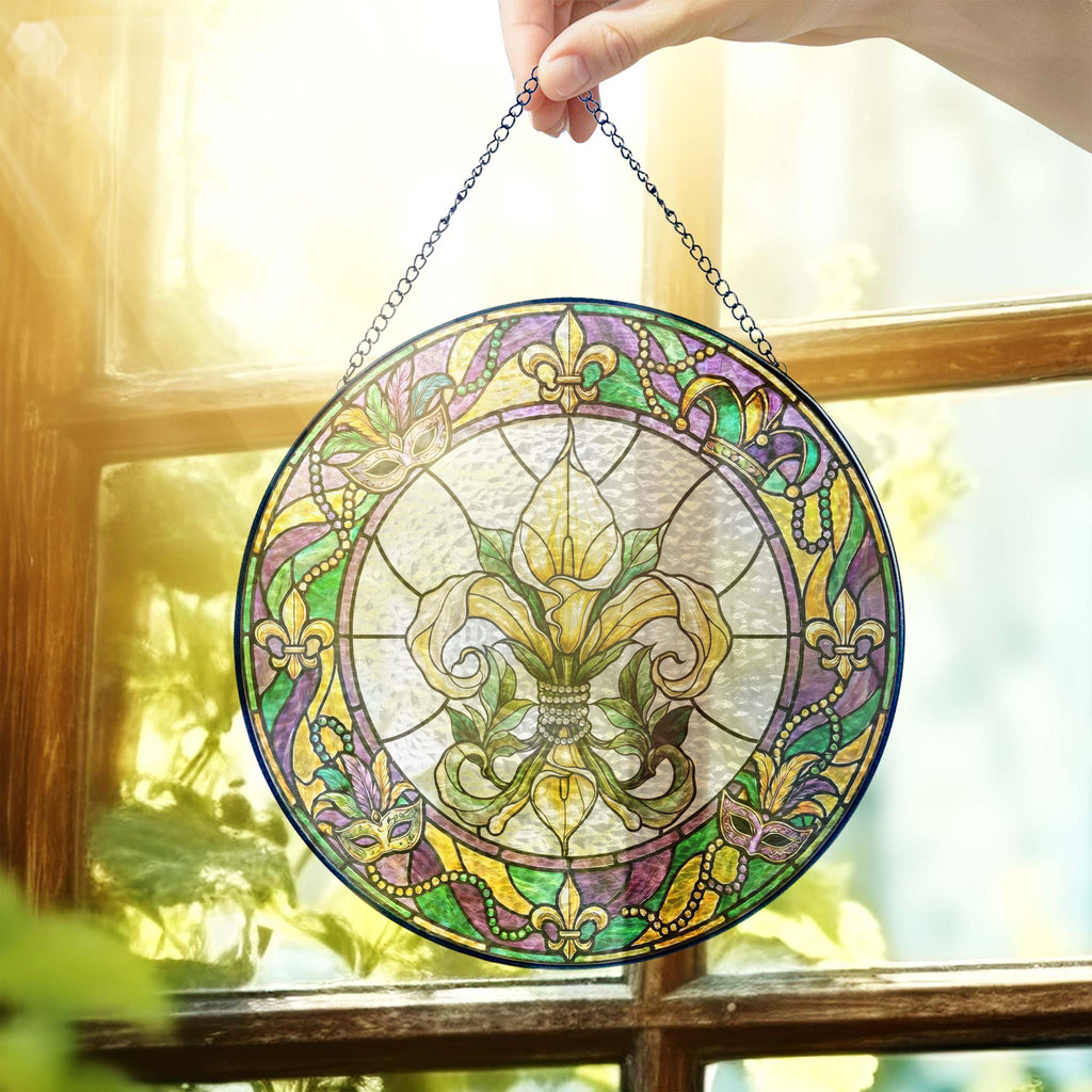 Mardi Gras Suncatcher. Stained glass Fleur de Lis Carnival Gift Decor
