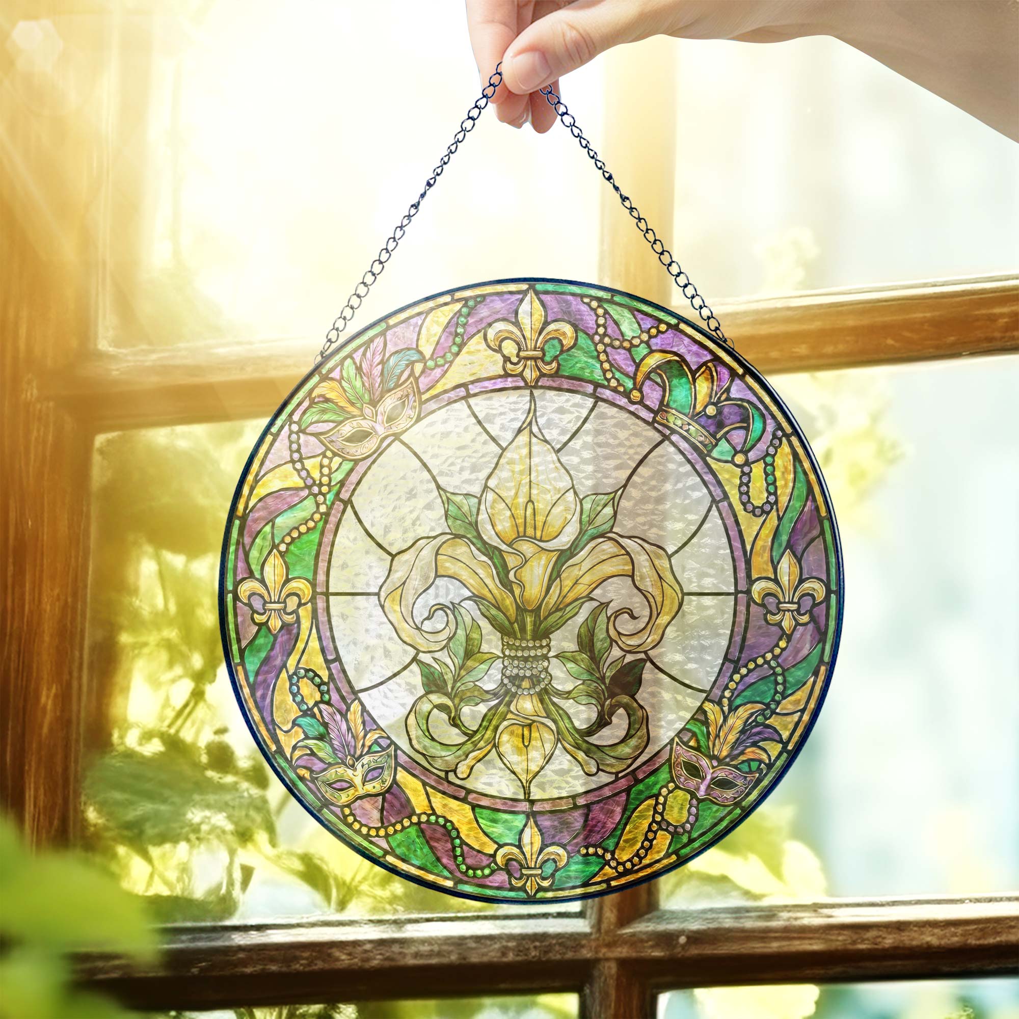 Mardi Gras Suncatcher. Stained glass Fleur de Lis Carnival Gift Decor