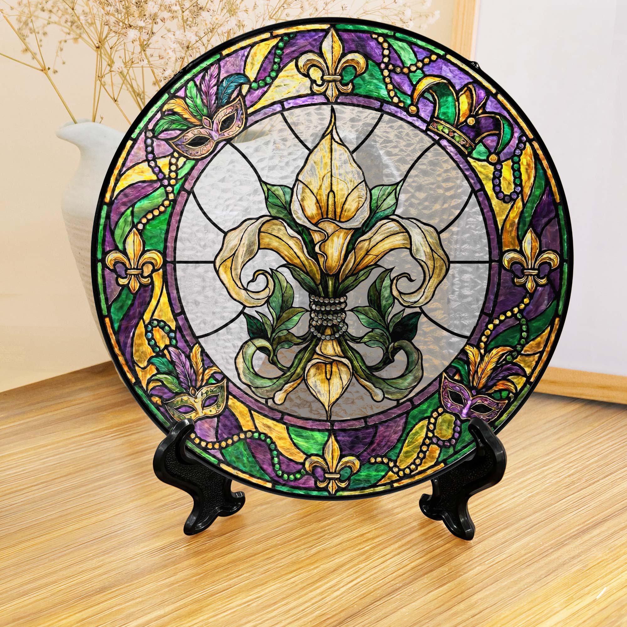 Mardi Gras Suncatcher. Stained glass Fleur de Lis Carnival Gift Decor