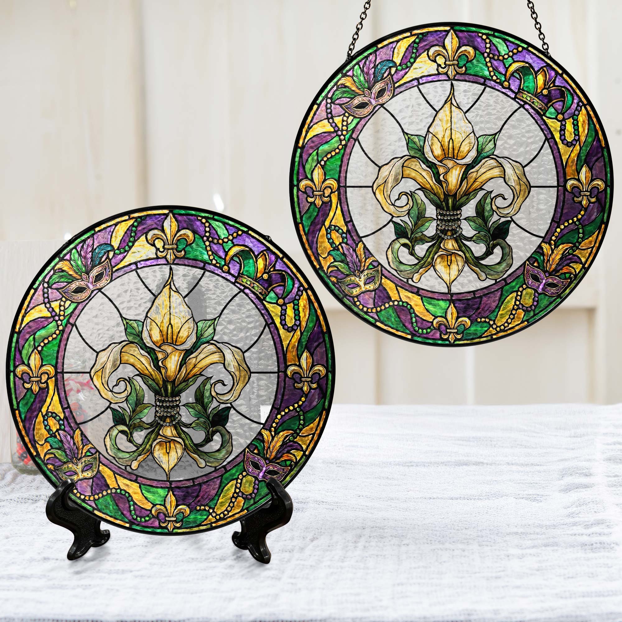 Mardi Gras Suncatcher. Stained glass Fleur de Lis Carnival Gift Decor