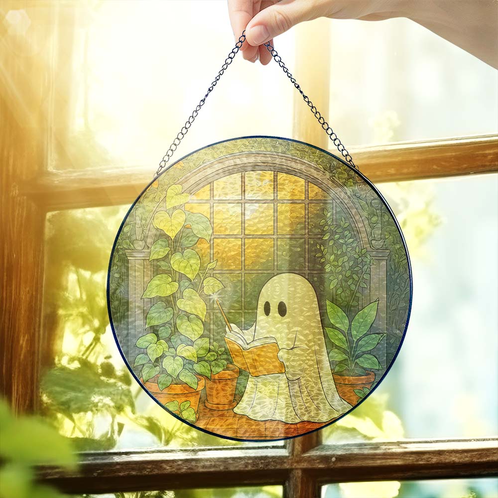 Cute Ghost at Greenhouse Suncatcher - Stained Glass Window Hanging For Plant Lovers