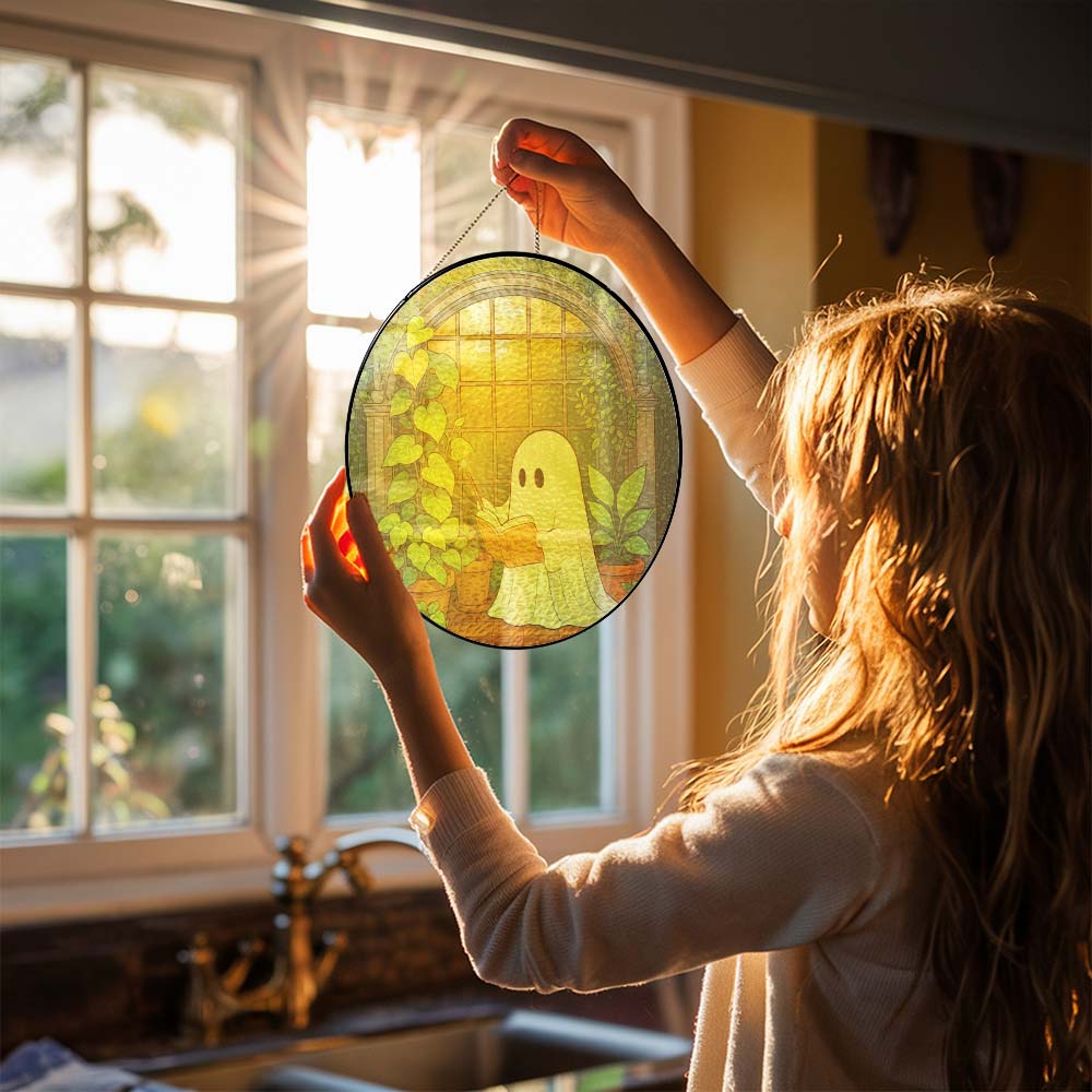 Cute Ghost at Greenhouse Suncatcher - Stained Glass Window Hanging For Plant Lovers