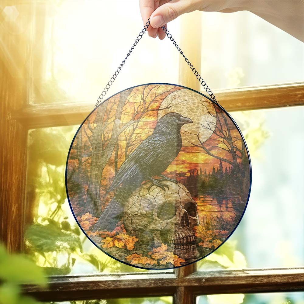Halloween Raven Stained Glass Suncatcher - Gothic Crow Window Hanging for Home Decor
