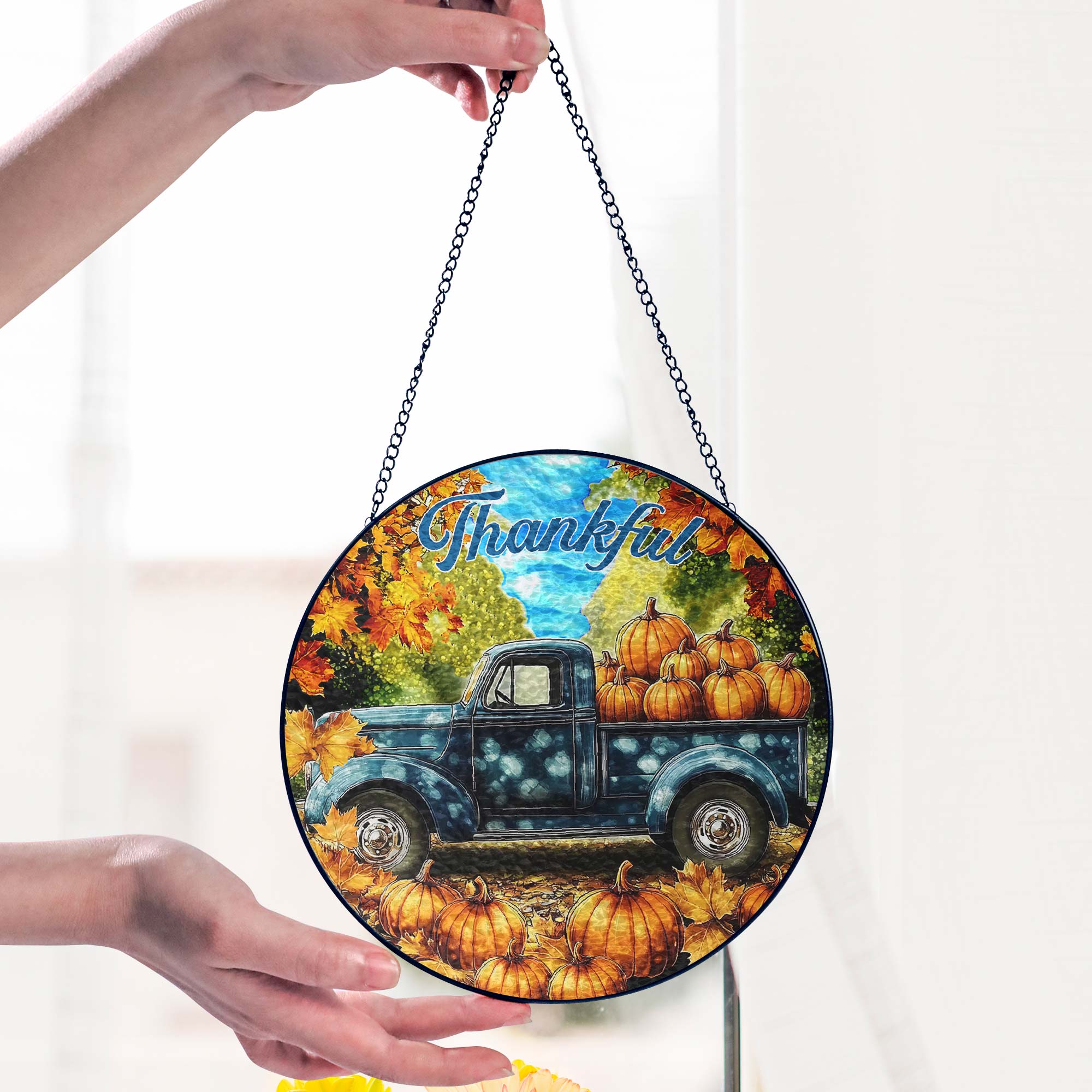 Fall Truck Pumpkins Thanksful Stained Glass Suncatcher 3-Day Shipping