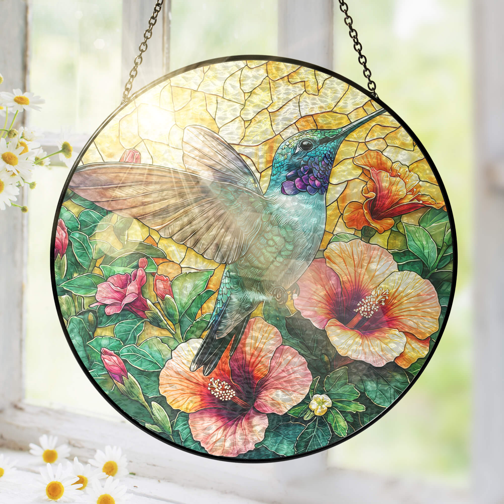 Flagwix Hummingbird Stained Glass Suncatcher – Colorful Flower Window Art. Handmade Durable Glass Ornament. Perfect Gift for Nature Lovers 3-Day Shipping
