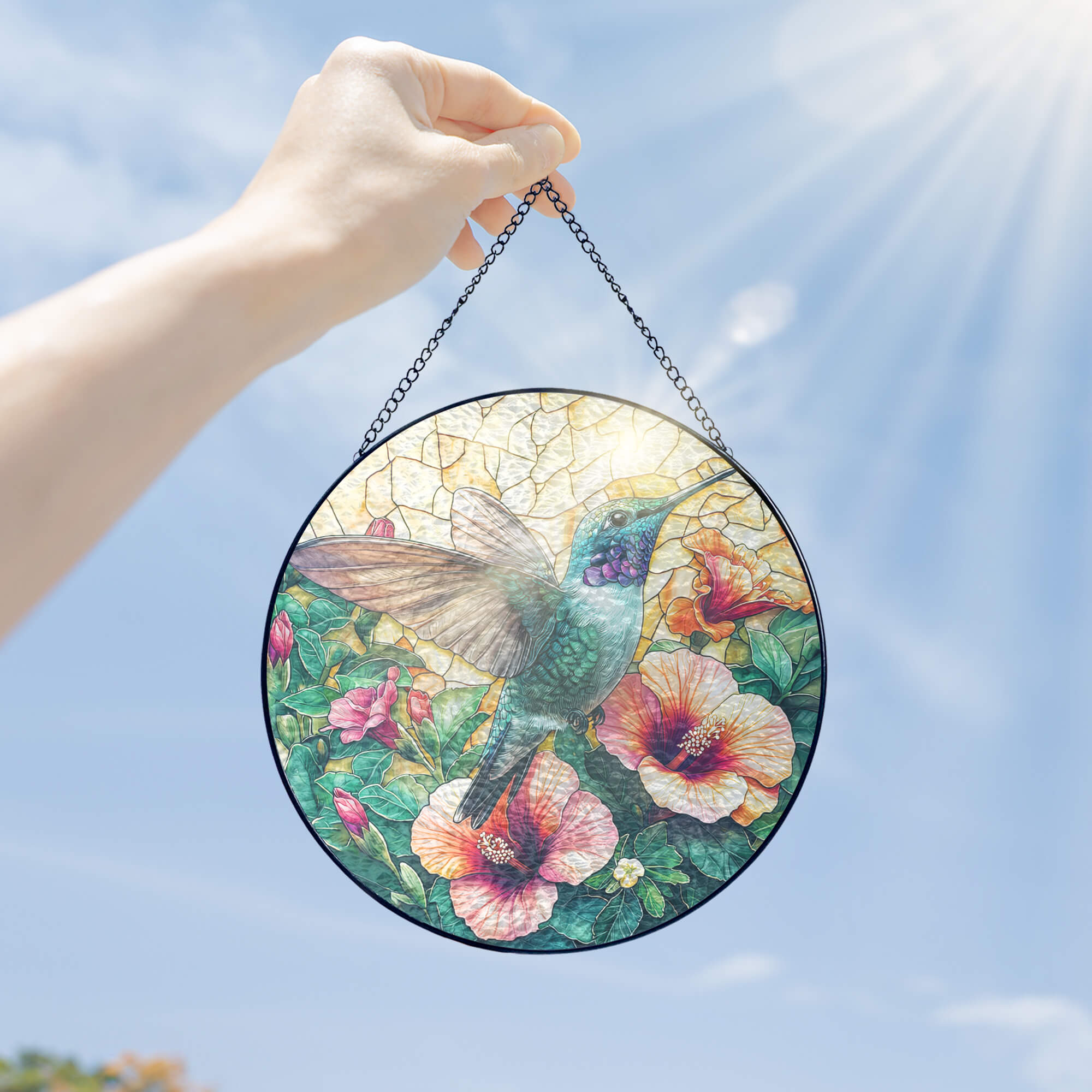 Flagwix Hummingbird Stained Glass Suncatcher – Colorful Flower Window Art. Handmade Durable Glass Ornament. Perfect Gift for Nature Lovers 3-Day Shipping