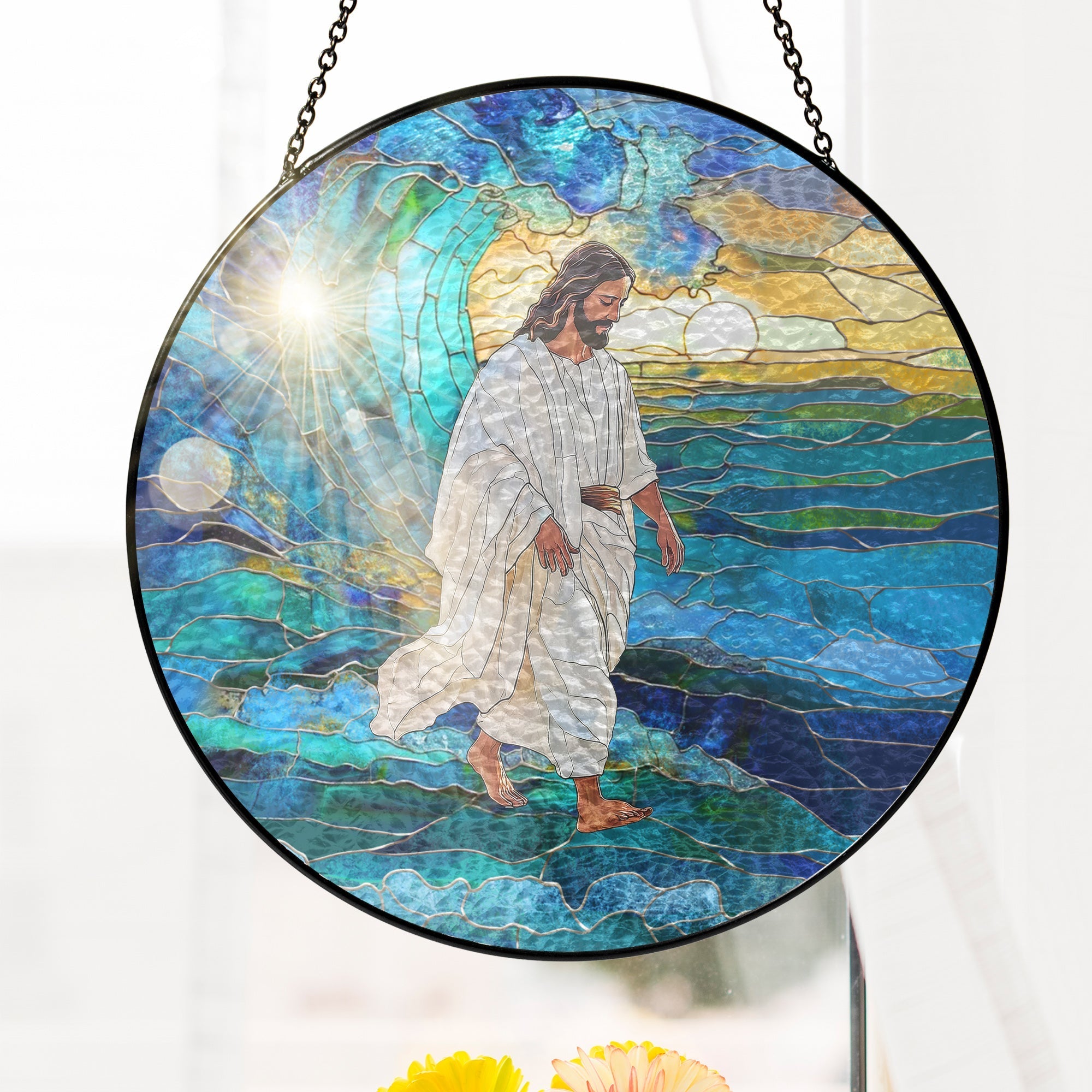 Jesus Christ Stained Glass Suncatcher – Inspirational Handcrafted Religious Window Decor for Evergreen Spiritual Home and Gift 3-Day Shipping