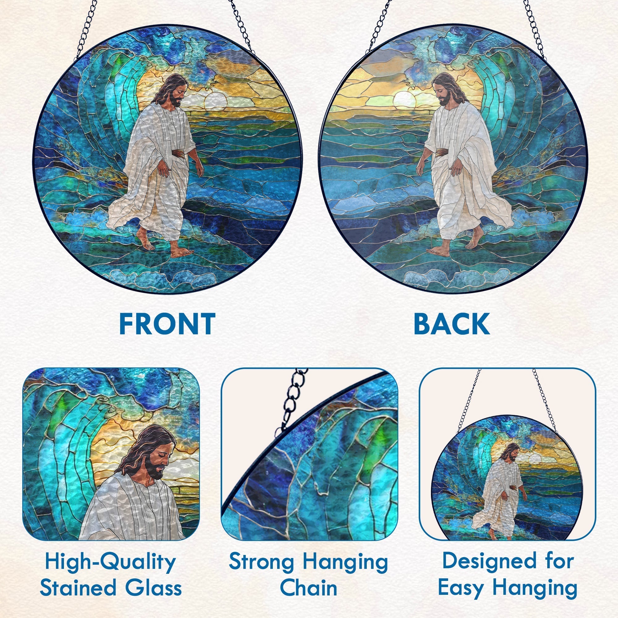 Jesus Christ Stained Glass Suncatcher – Inspirational Handcrafted Religious Window Decor for Evergreen Spiritual Home and Gift 3-Day Shipping