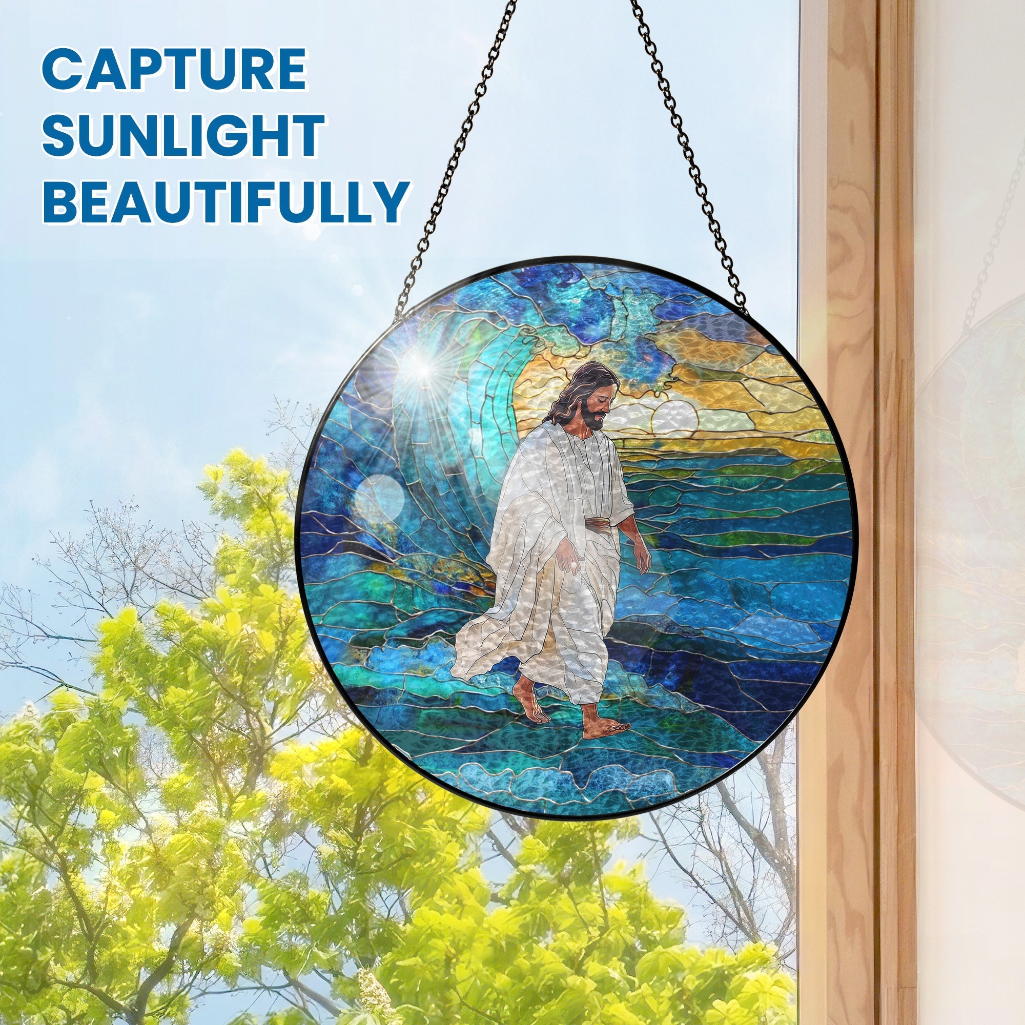 Jesus Christ Stained Glass Suncatcher – Inspirational Handcrafted Religious Window Decor for Evergreen Spiritual Home and Gift 3-Day Shipping