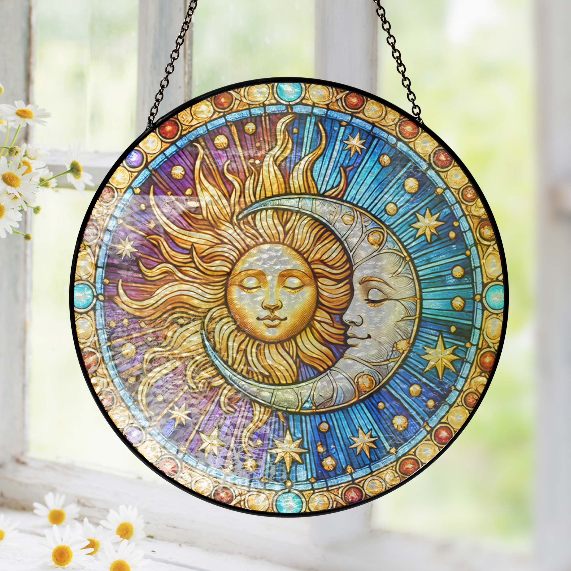 Moon Sun Stained Glass Suncatcher - Colorful Witchcraft Window Art. Handmade Celestial Hanging Ornament for Year-Round Spiritual Home Decor 3-Day Shipping