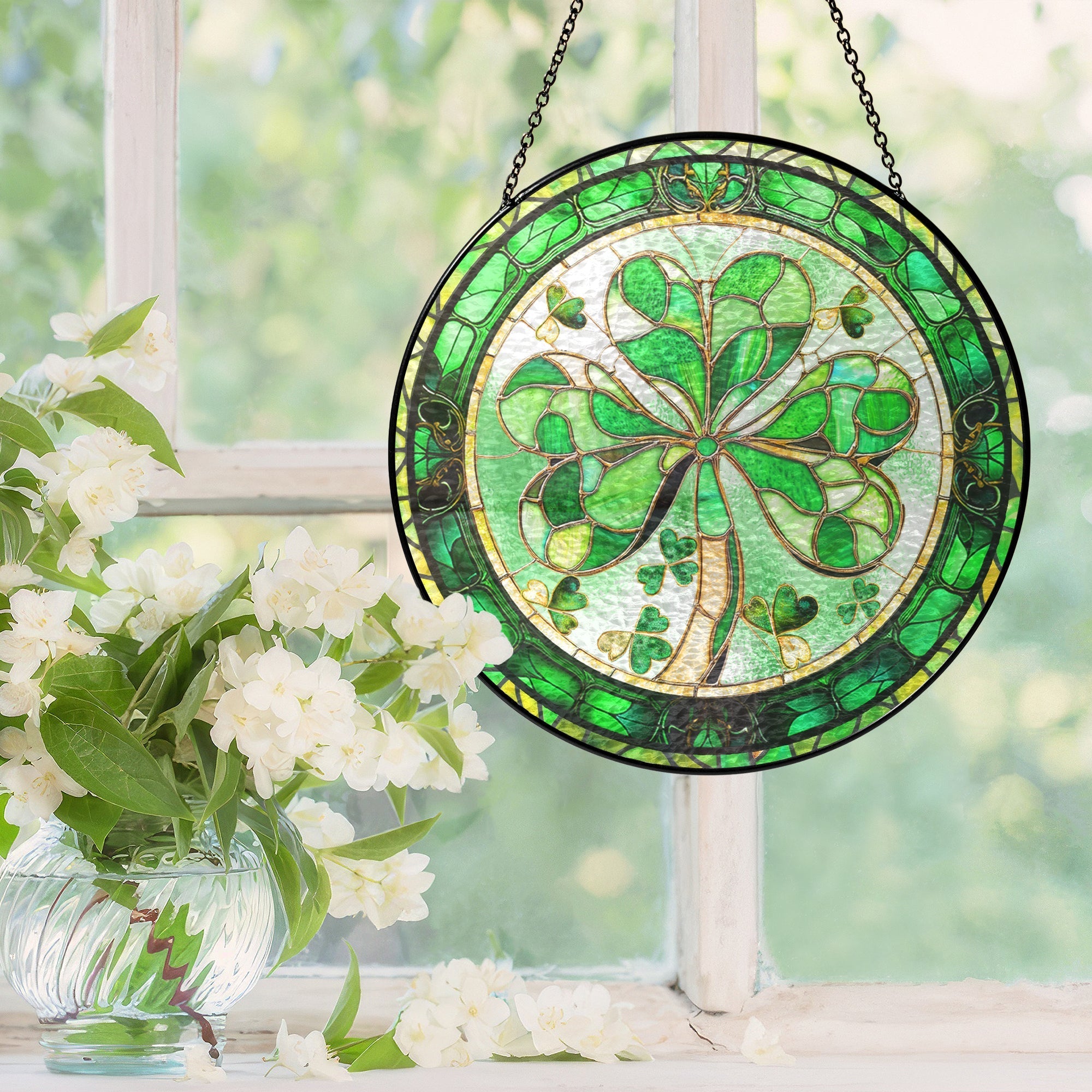Shamrock Irish Stained Glass Suncatcher 3-Day Shipping