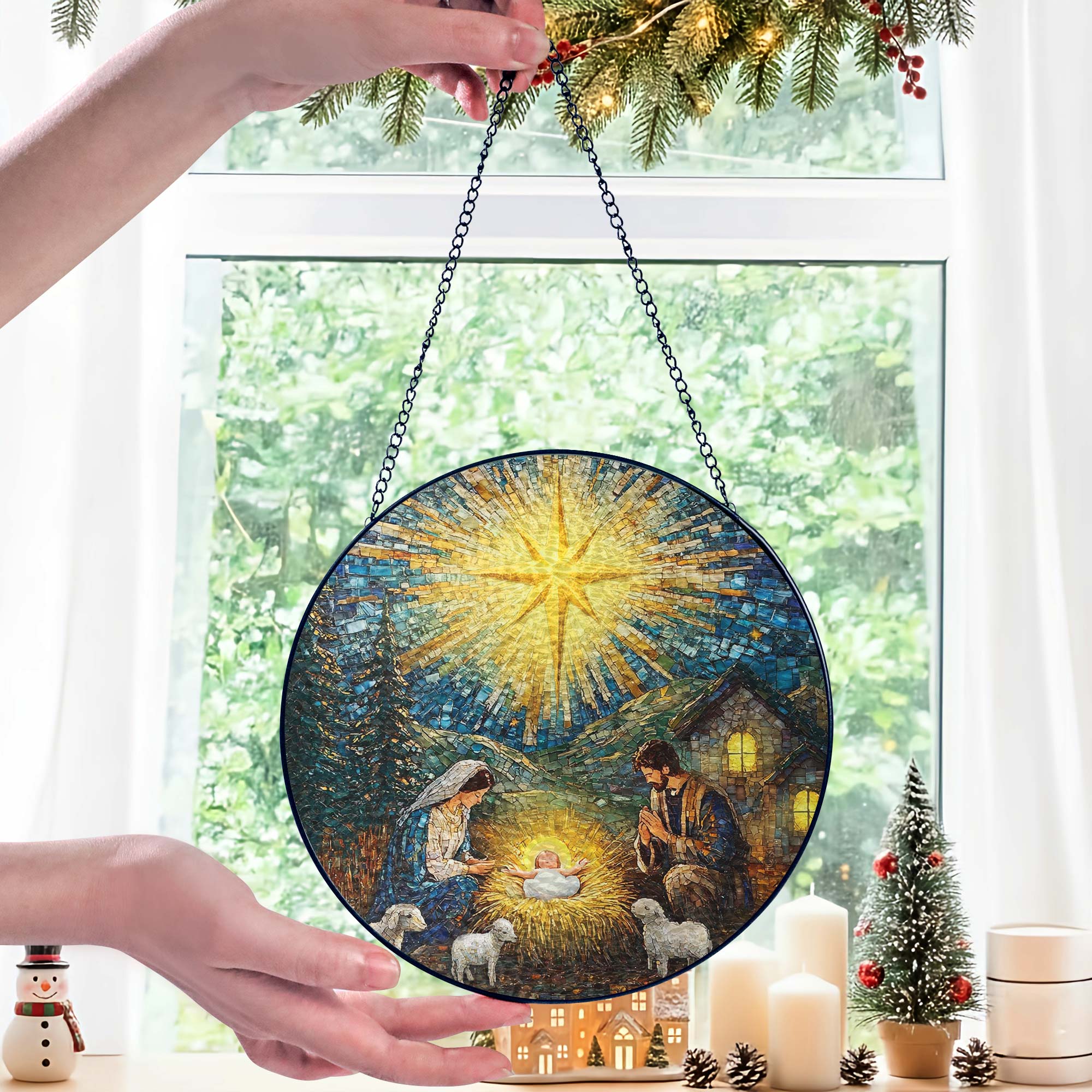 Nativity of Jesus Stained Glass Suncatcher | Holy Night Christmas Decor