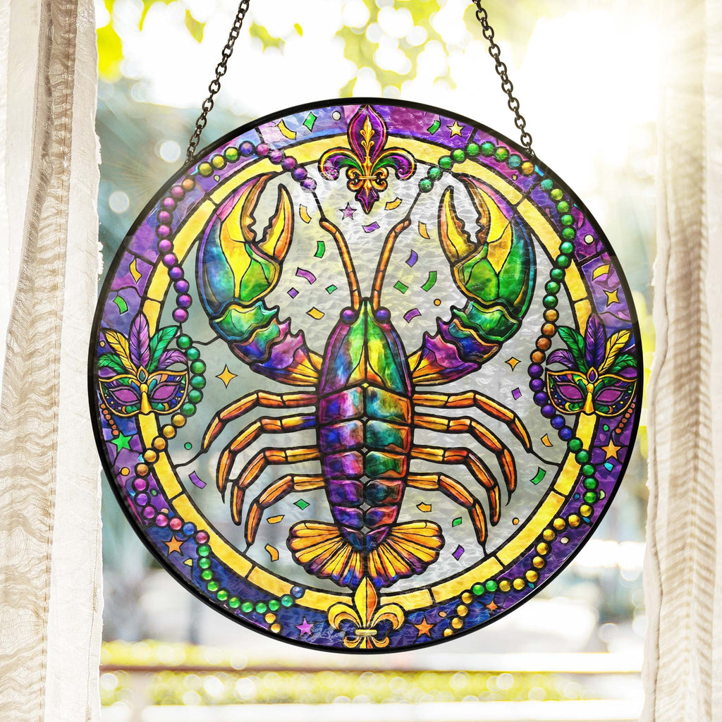 Mardi Gras Suncatcher. Crawfish Louisiana Stained Glass Window Hanging