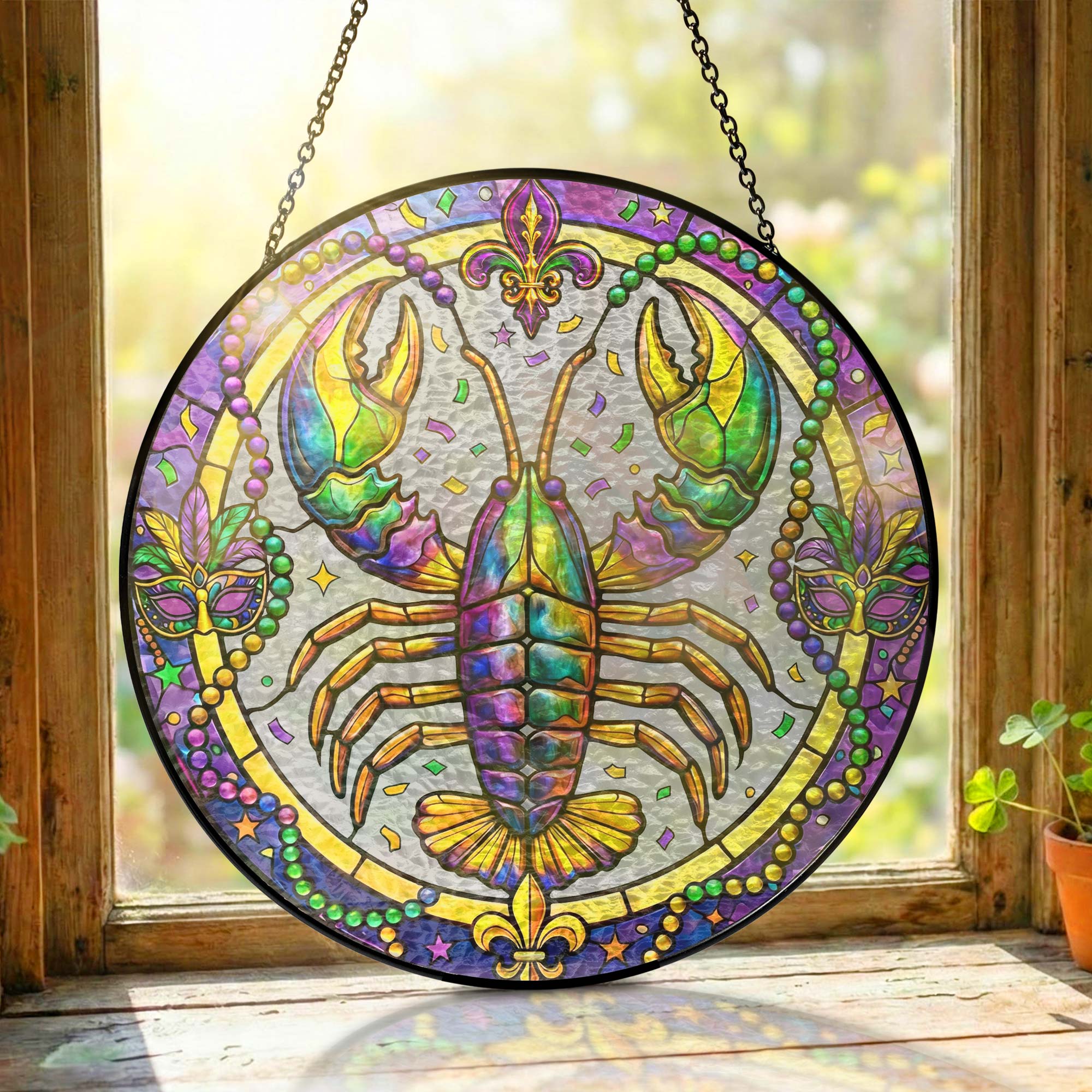 Mardi Gras Suncatcher. Crawfish Louisiana Stained Glass Window Hanging