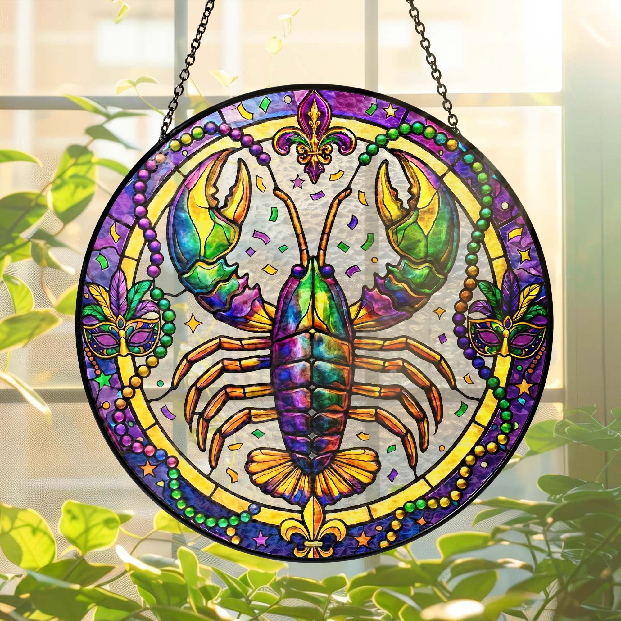 Mardi Gras Suncatcher. Crawfish Louisiana Stained Glass Window Hanging