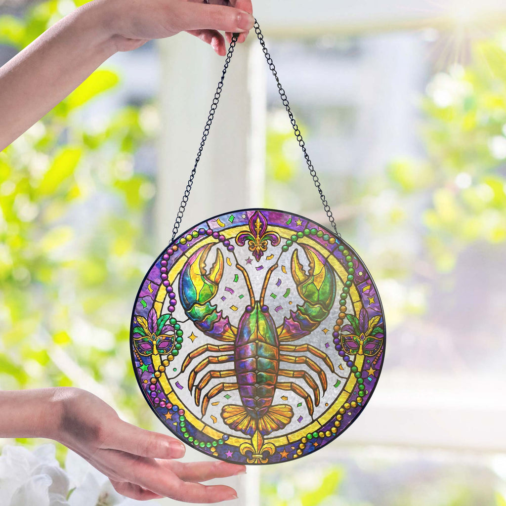 Mardi Gras Suncatcher. Crawfish Louisiana Stained Glass Window Hanging