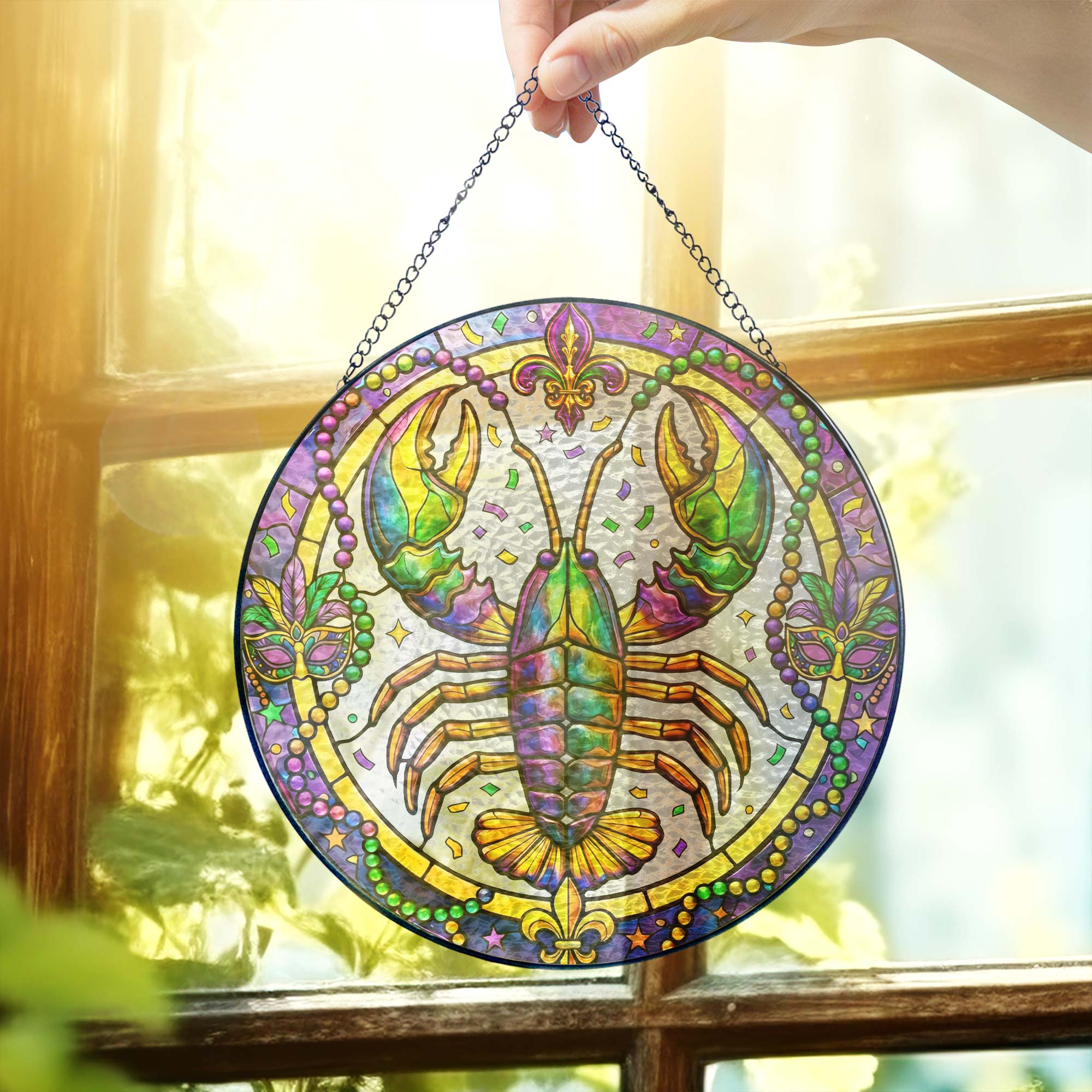 Mardi Gras Suncatcher. Crawfish Louisiana Stained Glass Window Hanging