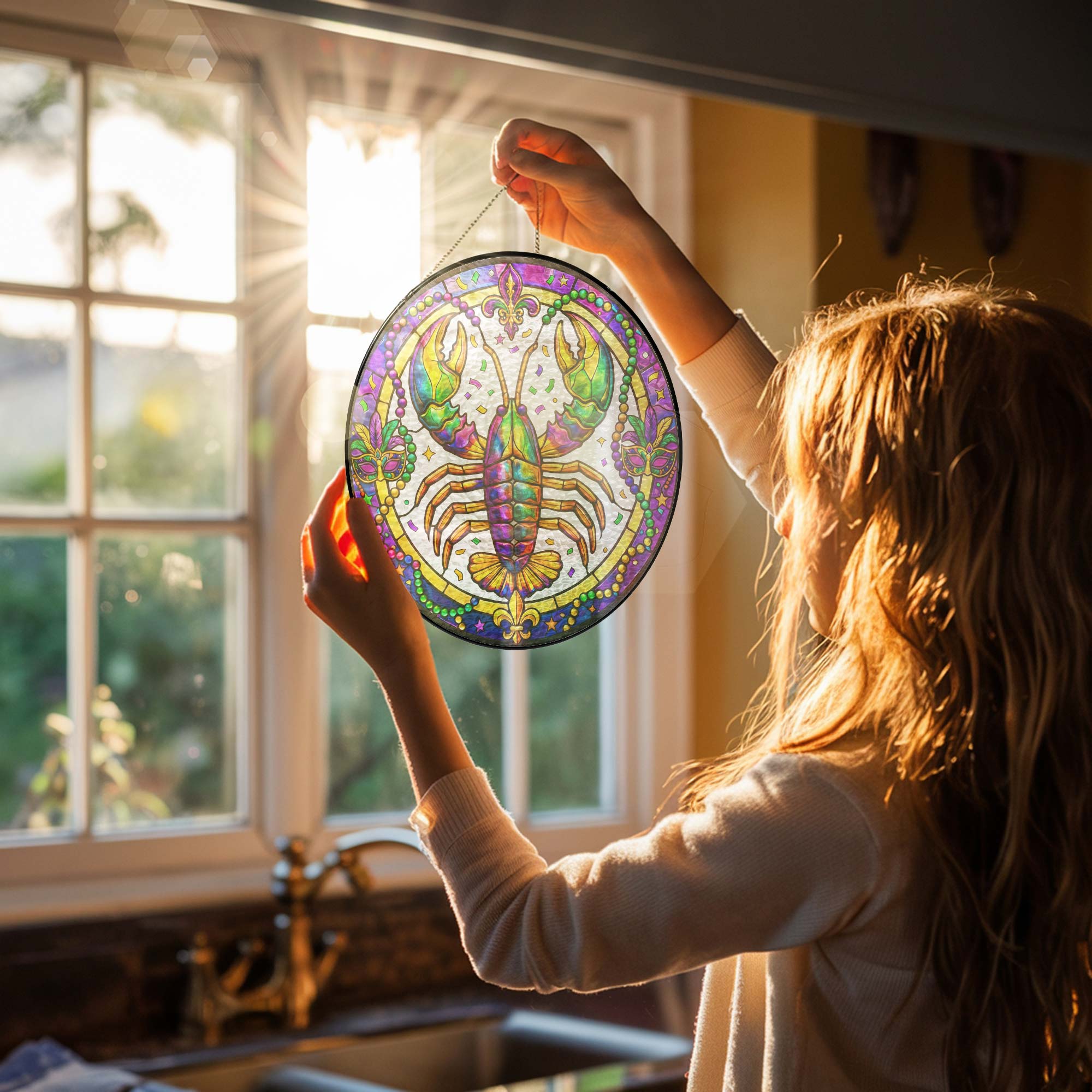 Mardi Gras Suncatcher. Crawfish Louisiana Stained Glass Window Hanging
