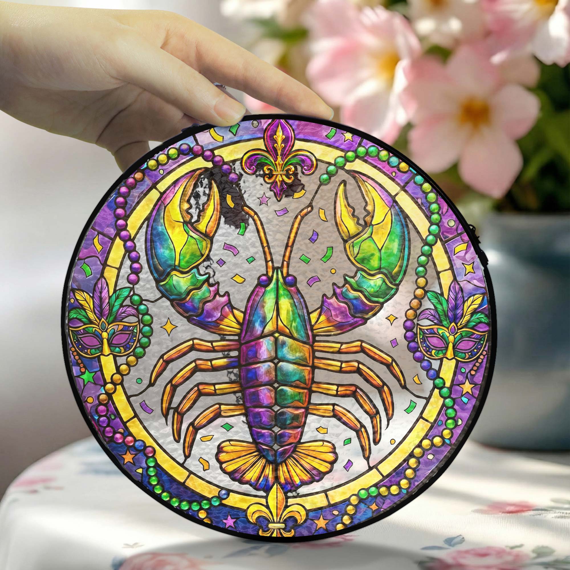 Mardi Gras Suncatcher. Crawfish Louisiana Stained Glass Window Hanging