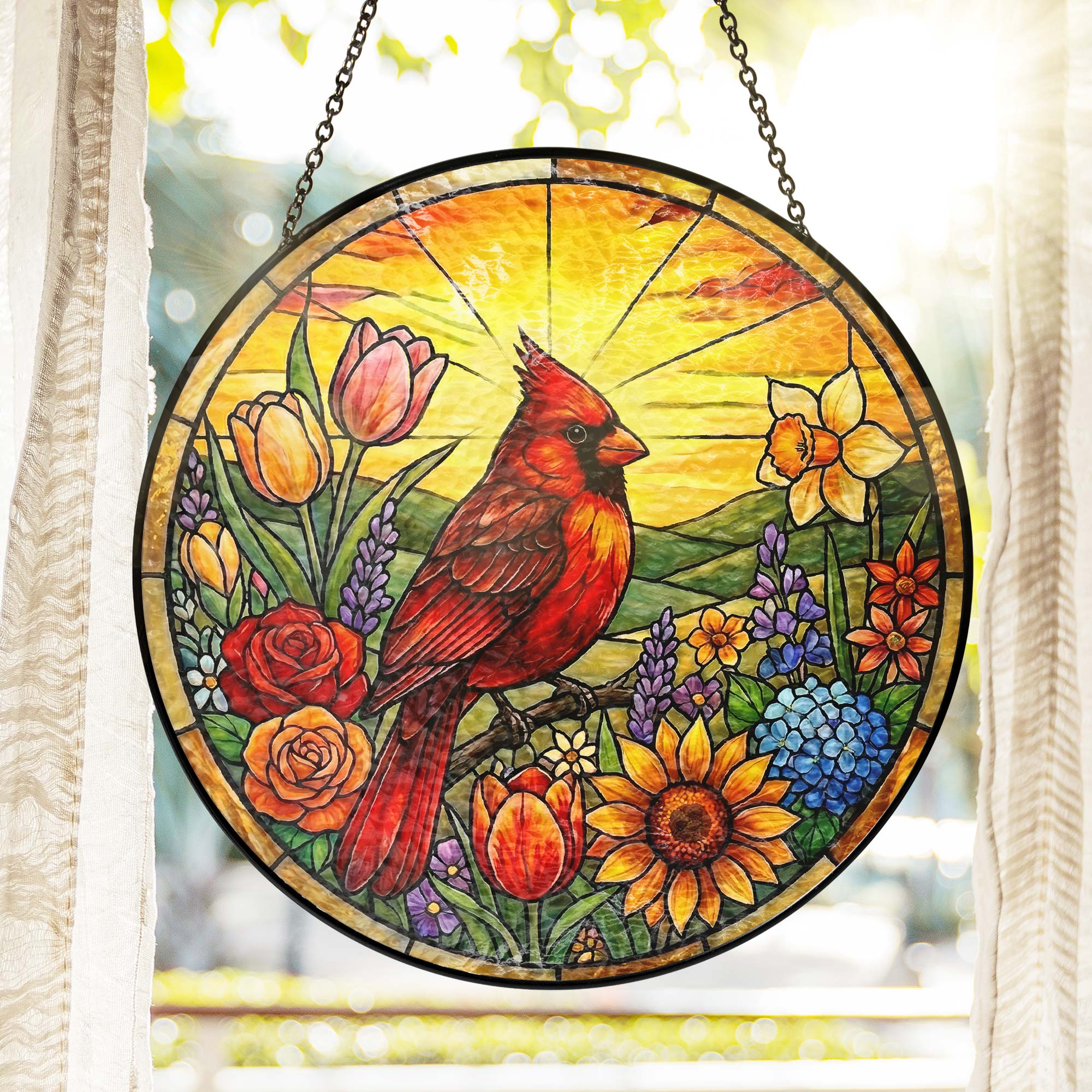 Red Cardinal Spring Suncatcher. Cardinal And Sunflower Stained Glass Decor