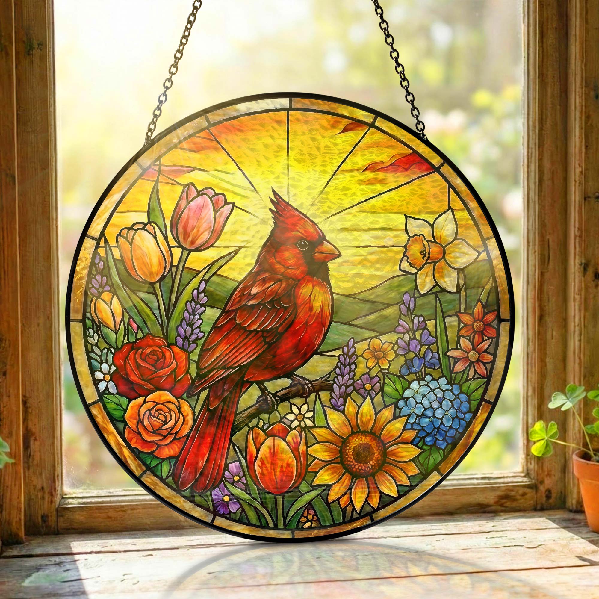 Red Cardinal Spring Suncatcher. Cardinal And Sunflower Stained Glass Decor