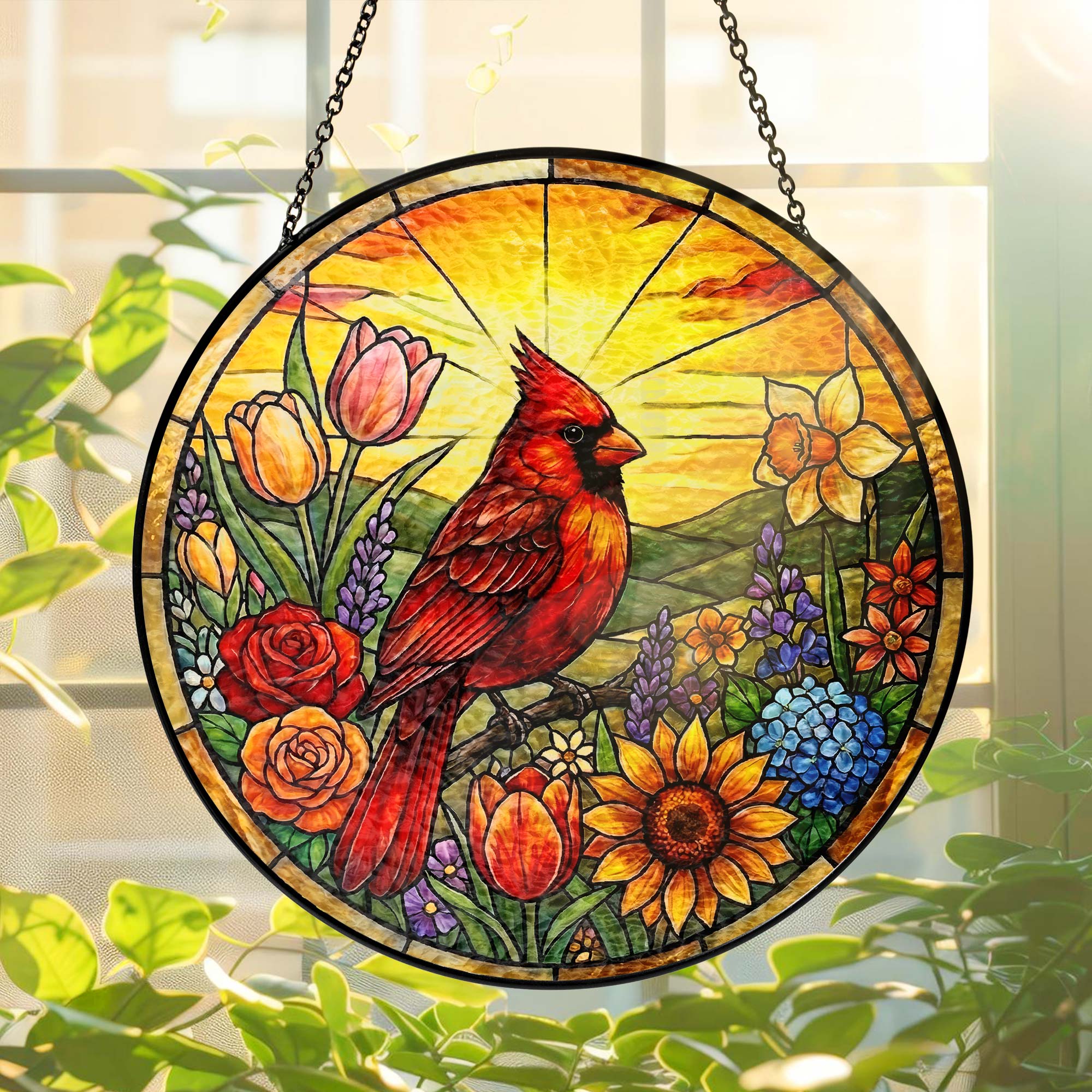 Red Cardinal Spring Suncatcher. Cardinal And Sunflower Stained Glass Decor