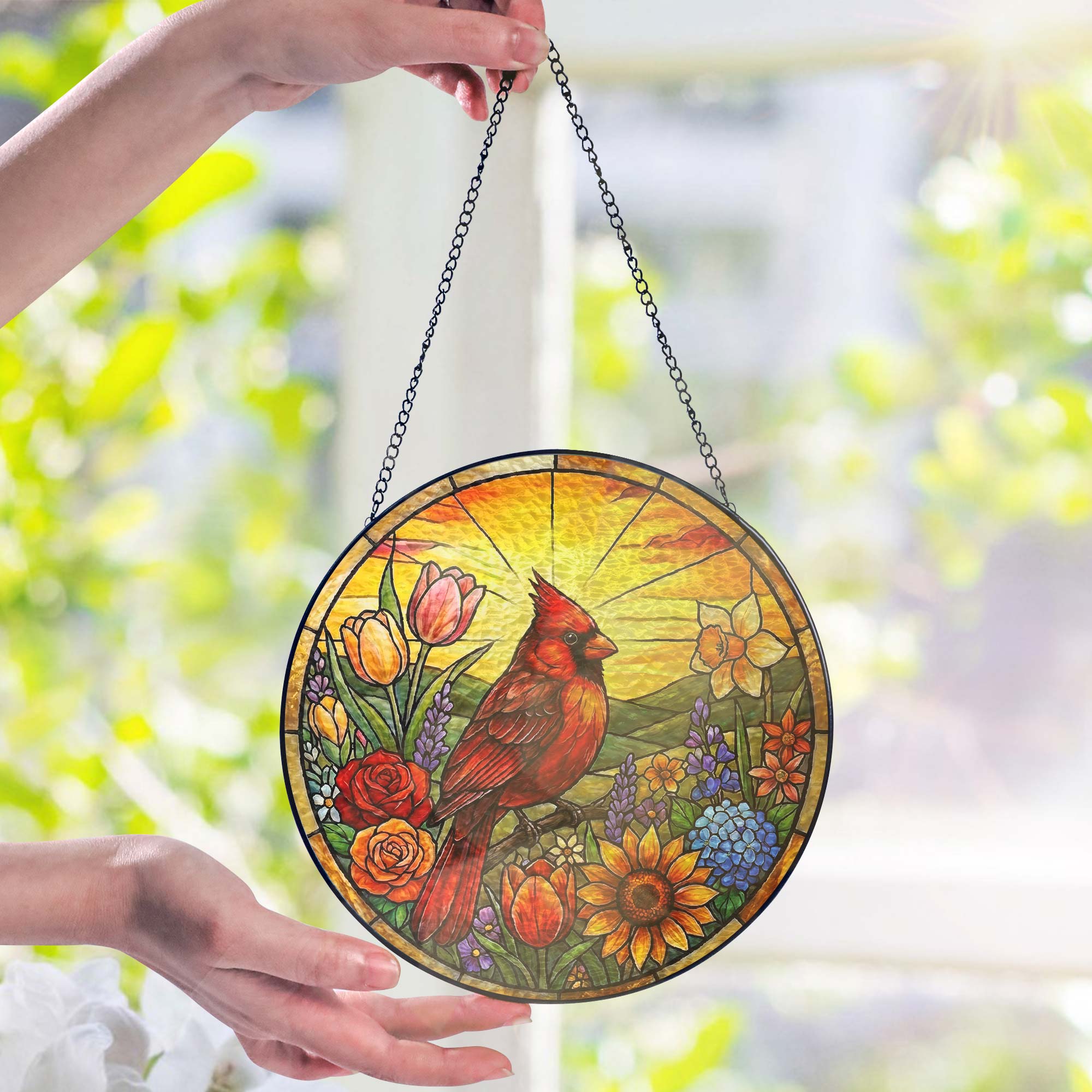 Red Cardinal Spring Suncatcher. Cardinal And Sunflower Stained Glass Decor