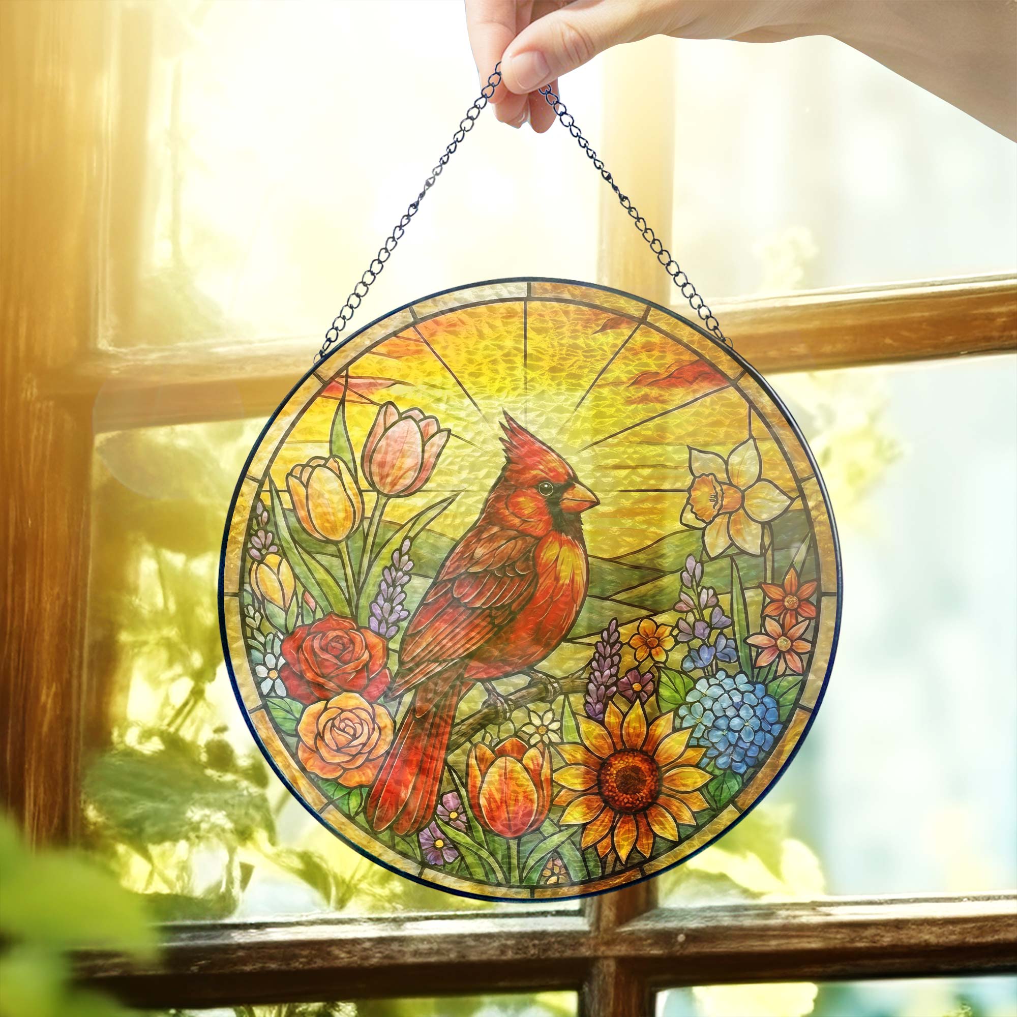 Red Cardinal Spring Suncatcher. Cardinal And Sunflower Stained Glass Decor
