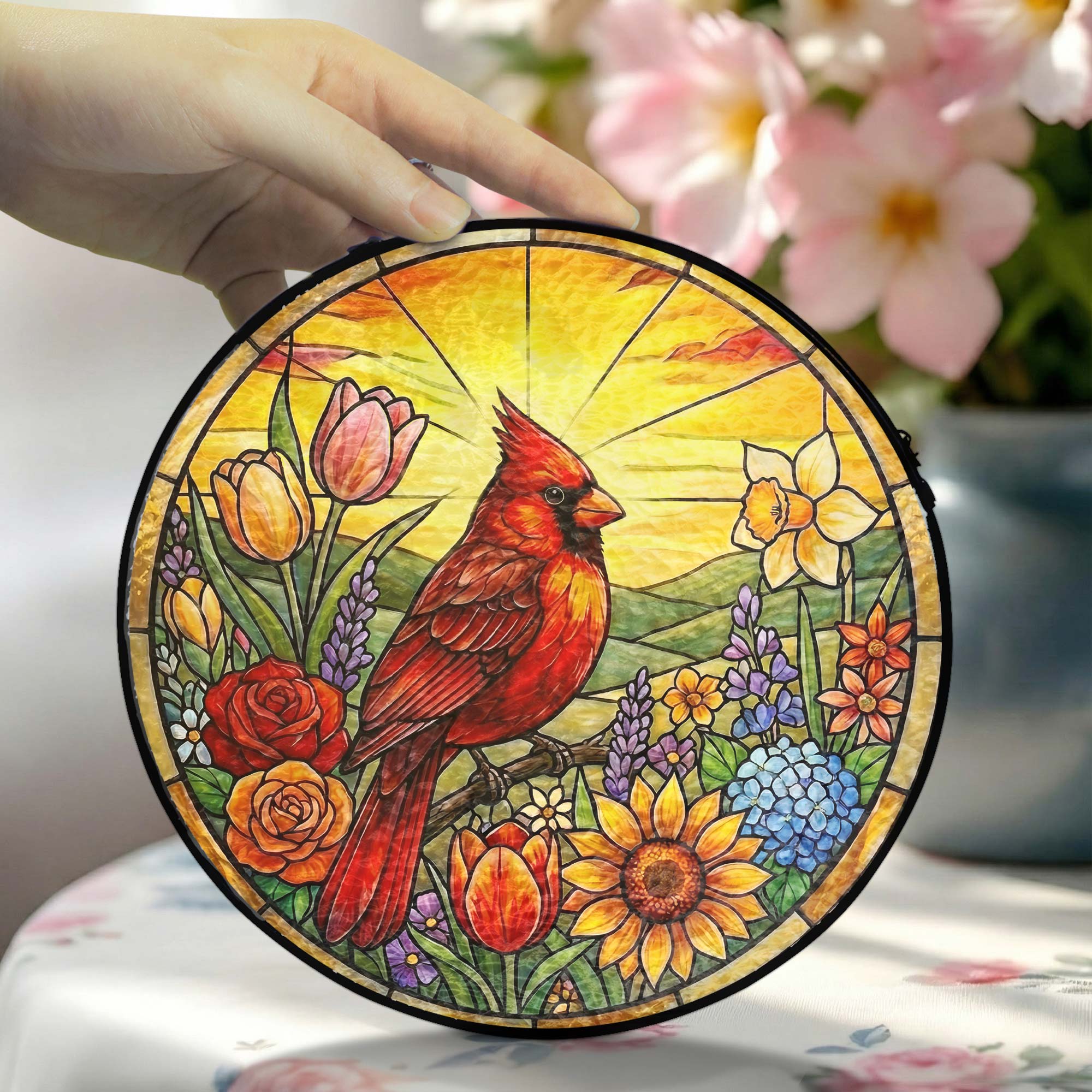 Red Cardinal Spring Suncatcher. Cardinal And Sunflower Stained Glass Decor
