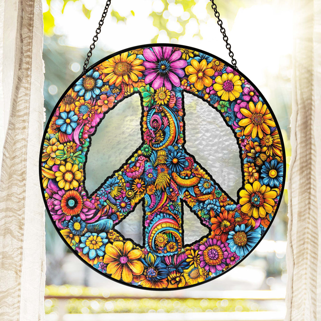 Hippie Peace Sign Woodstock Sunflower Stained Glass Suncatcher