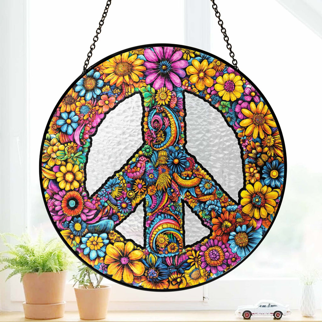 Hippie Peace Sign Woodstock Sunflower Stained Glass Suncatcher
