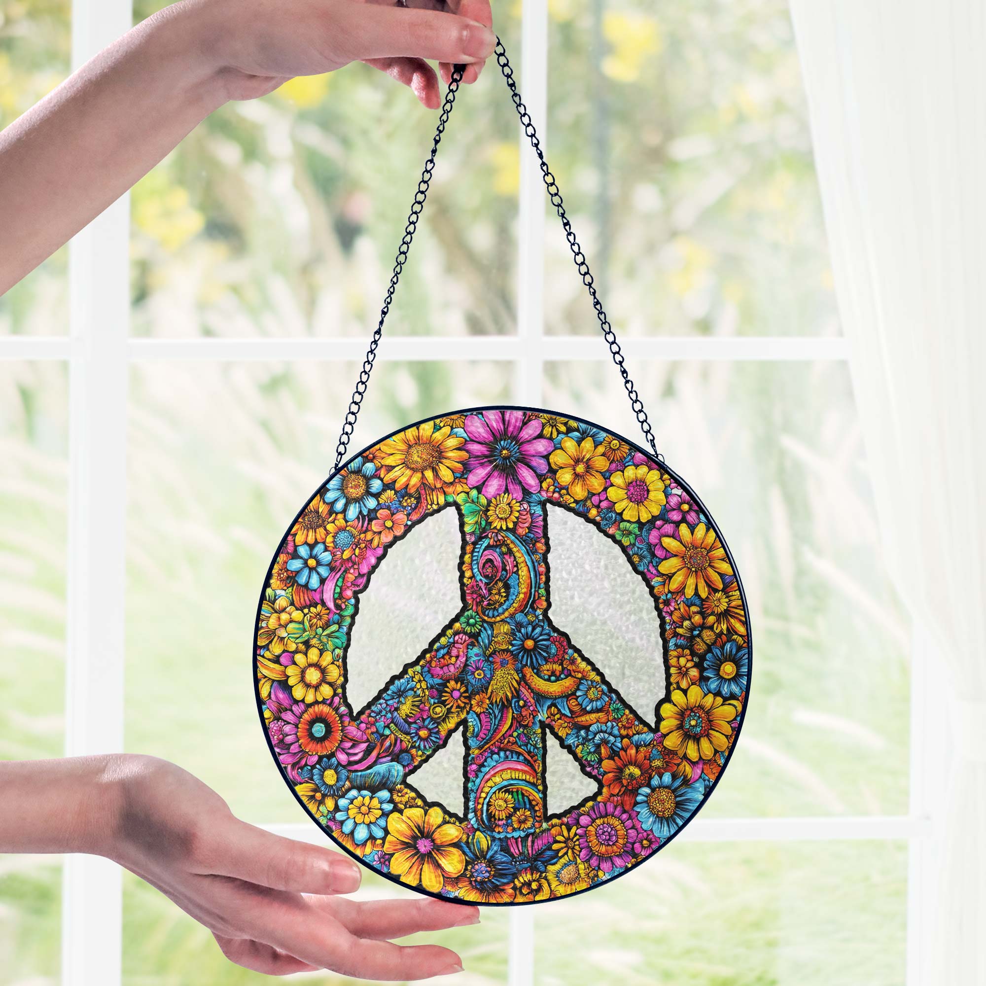 Hippie Peace Sign Woodstock Sunflower Stained Glass Suncatcher