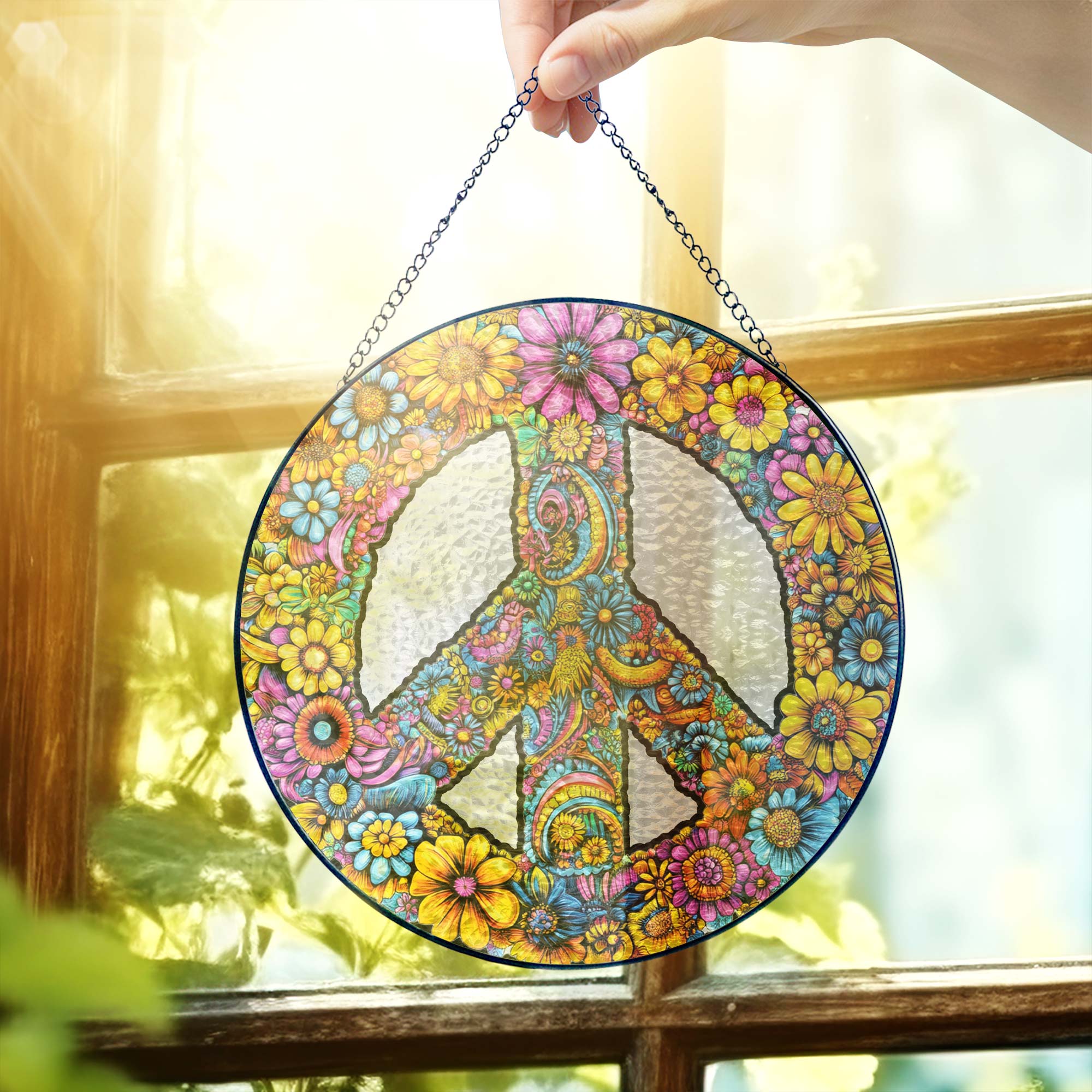 Hippie Peace Sign Woodstock Sunflower Stained Glass Suncatcher