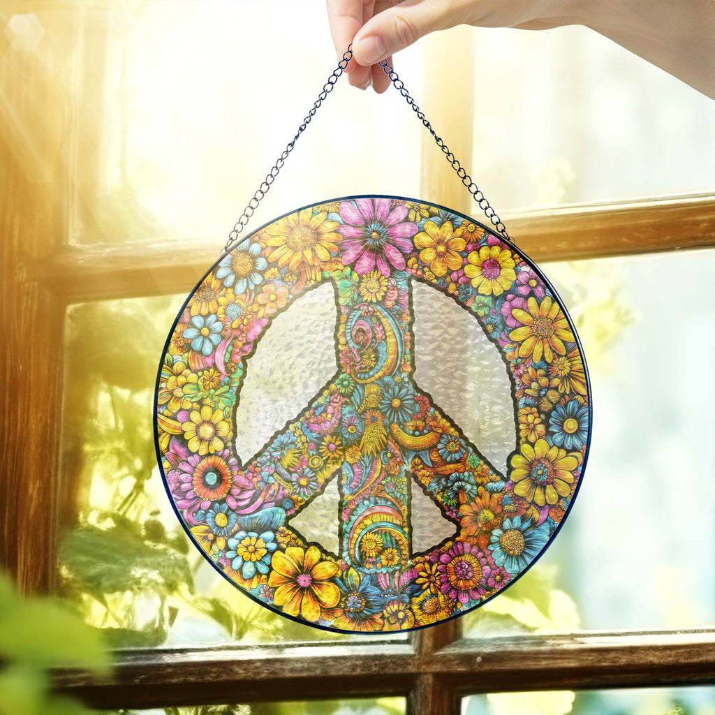 Hippie Peace Sign Woodstock Sunflower Stained Glass Suncatcher