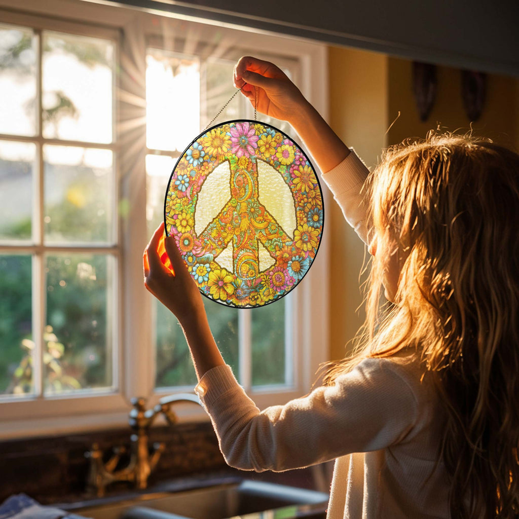 Hippie Peace Sign Woodstock Sunflower Stained Glass Suncatcher
