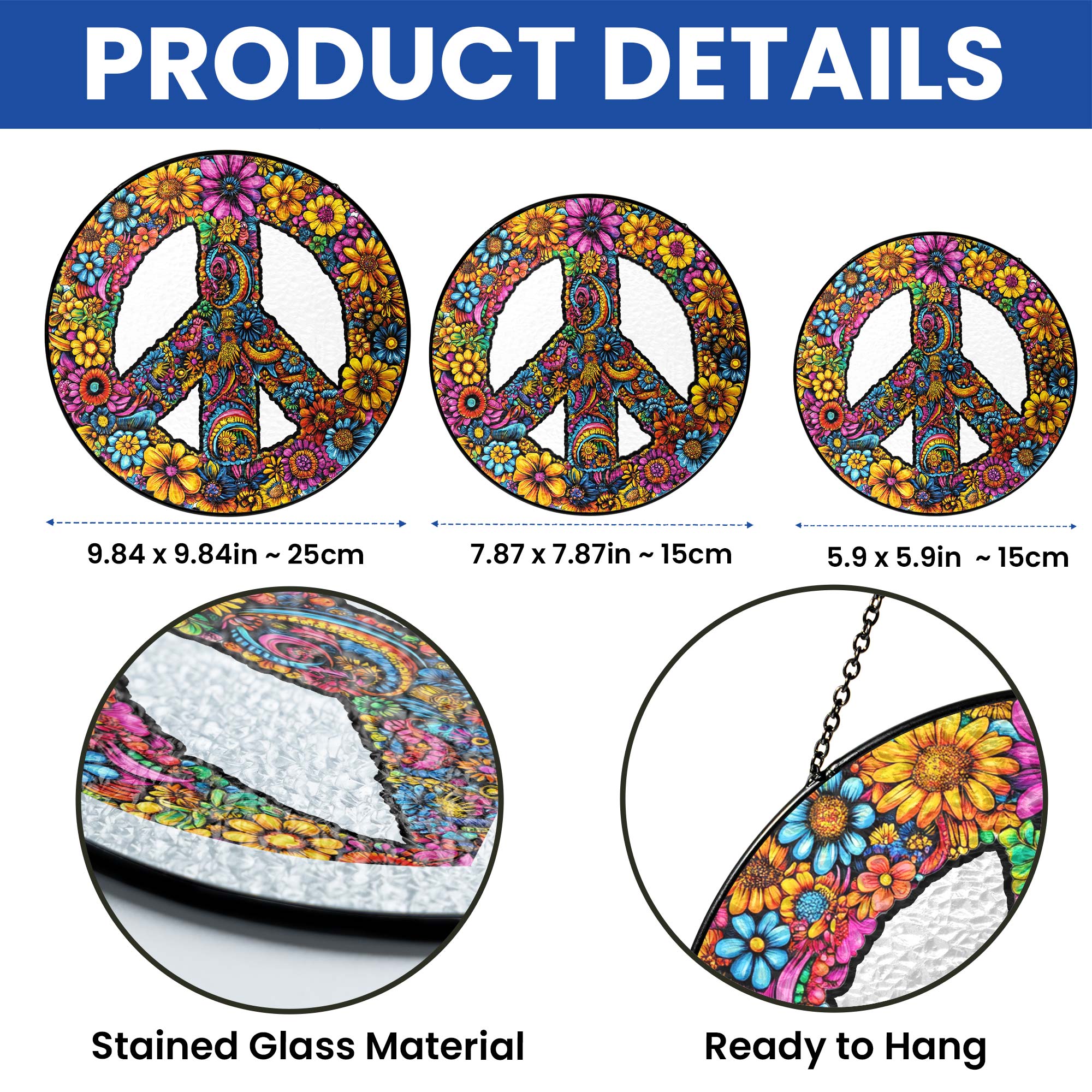 Hippie Peace Sign Woodstock Sunflower Stained Glass Suncatcher
