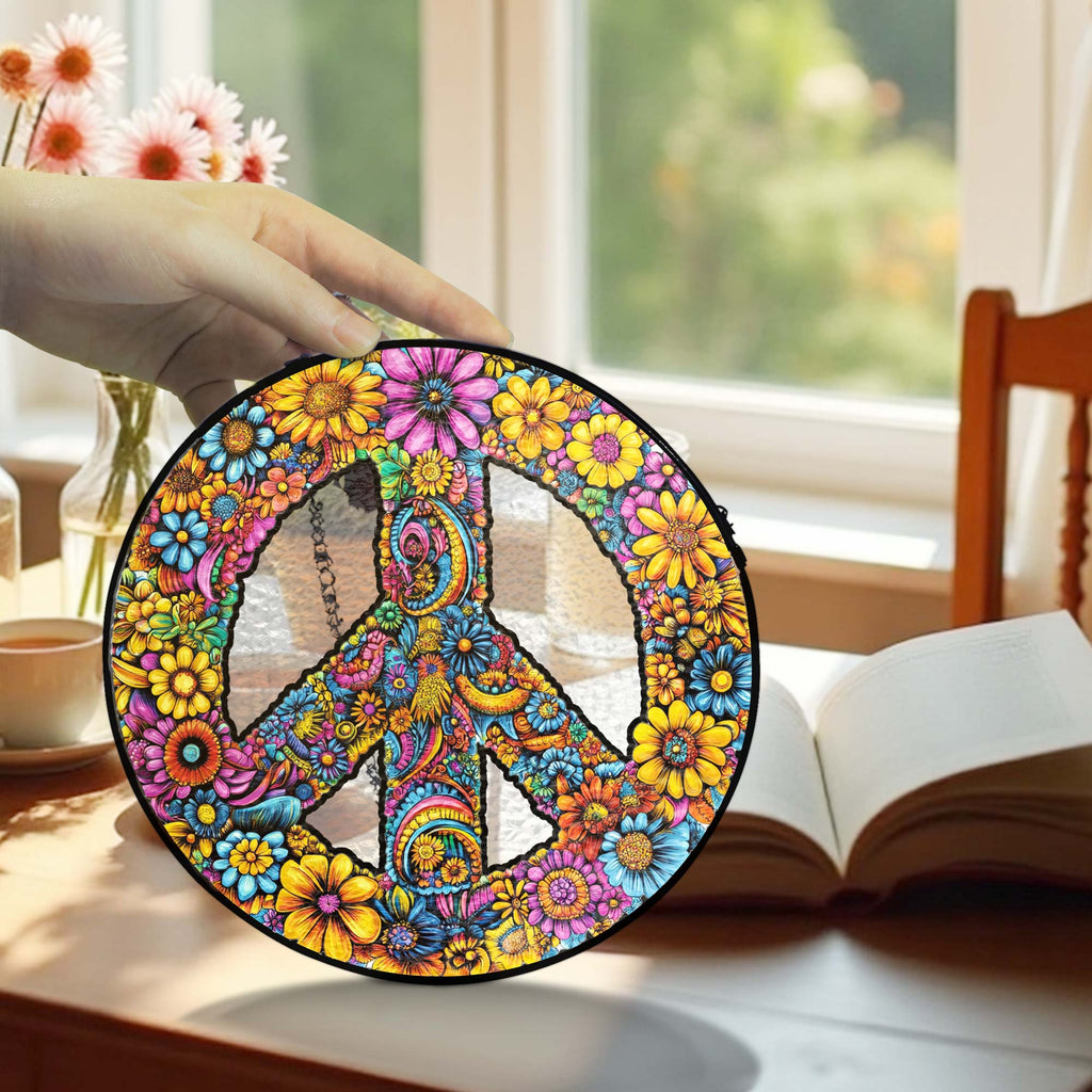 Hippie Peace Sign Woodstock Sunflower Stained Glass Suncatcher