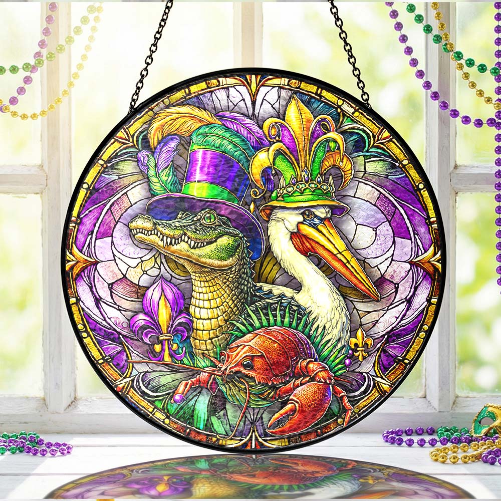 Mardi Gras Suncatcher. Alligator Pelican and Crawfish Gift Decor