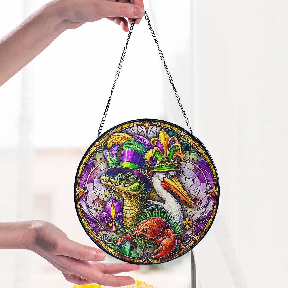 Mardi Gras Suncatcher. Alligator Pelican and Crawfish Gift Decor