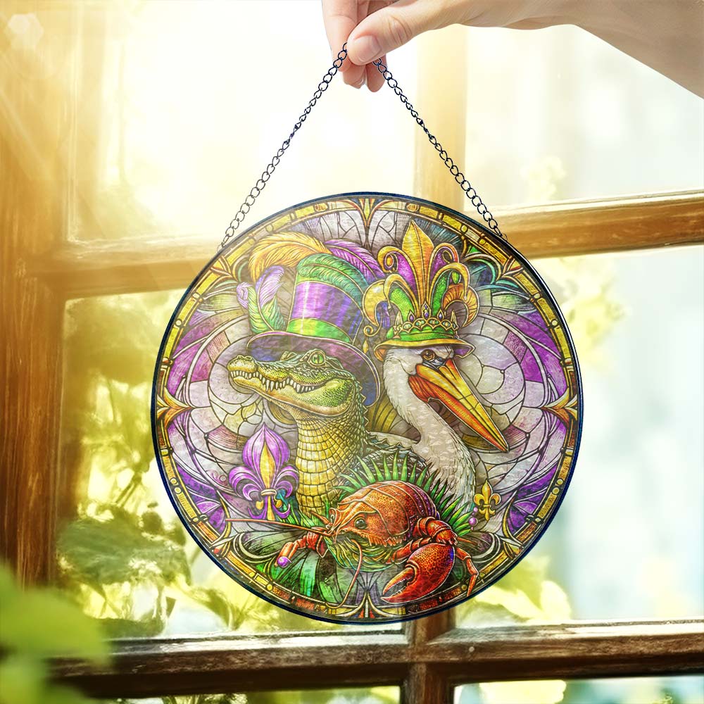 Mardi Gras Suncatcher. Alligator Pelican and Crawfish Gift Decor
