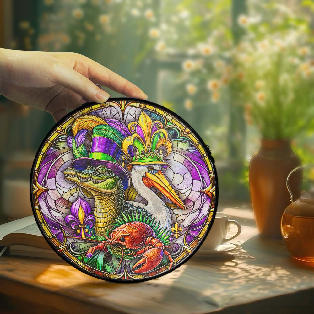 Mardi Gras Suncatcher. Alligator Pelican and Crawfish Gift Decor